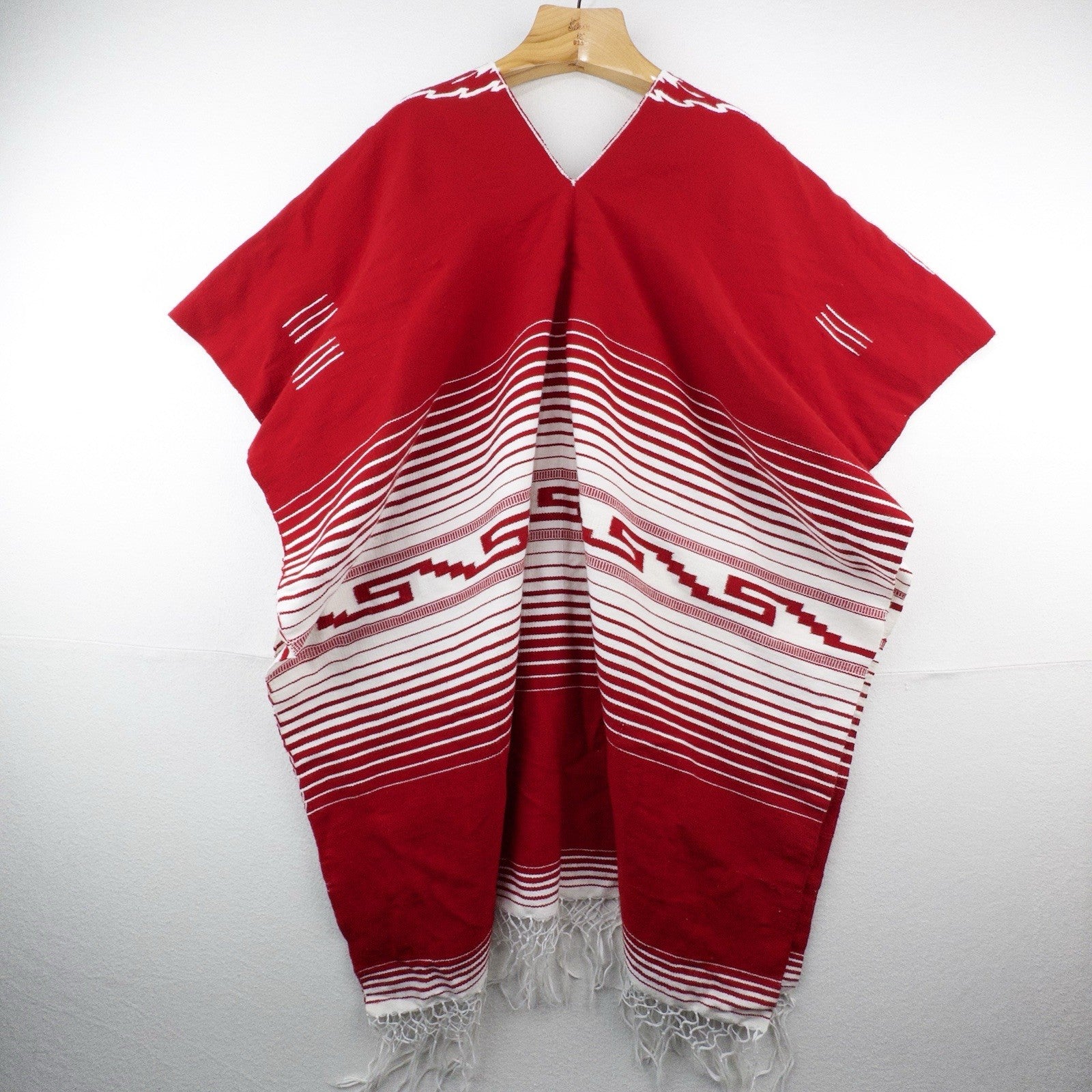 Vtg Mexican Handwoven Fringed Over The Head Poncho Wool Blend Boho Red White