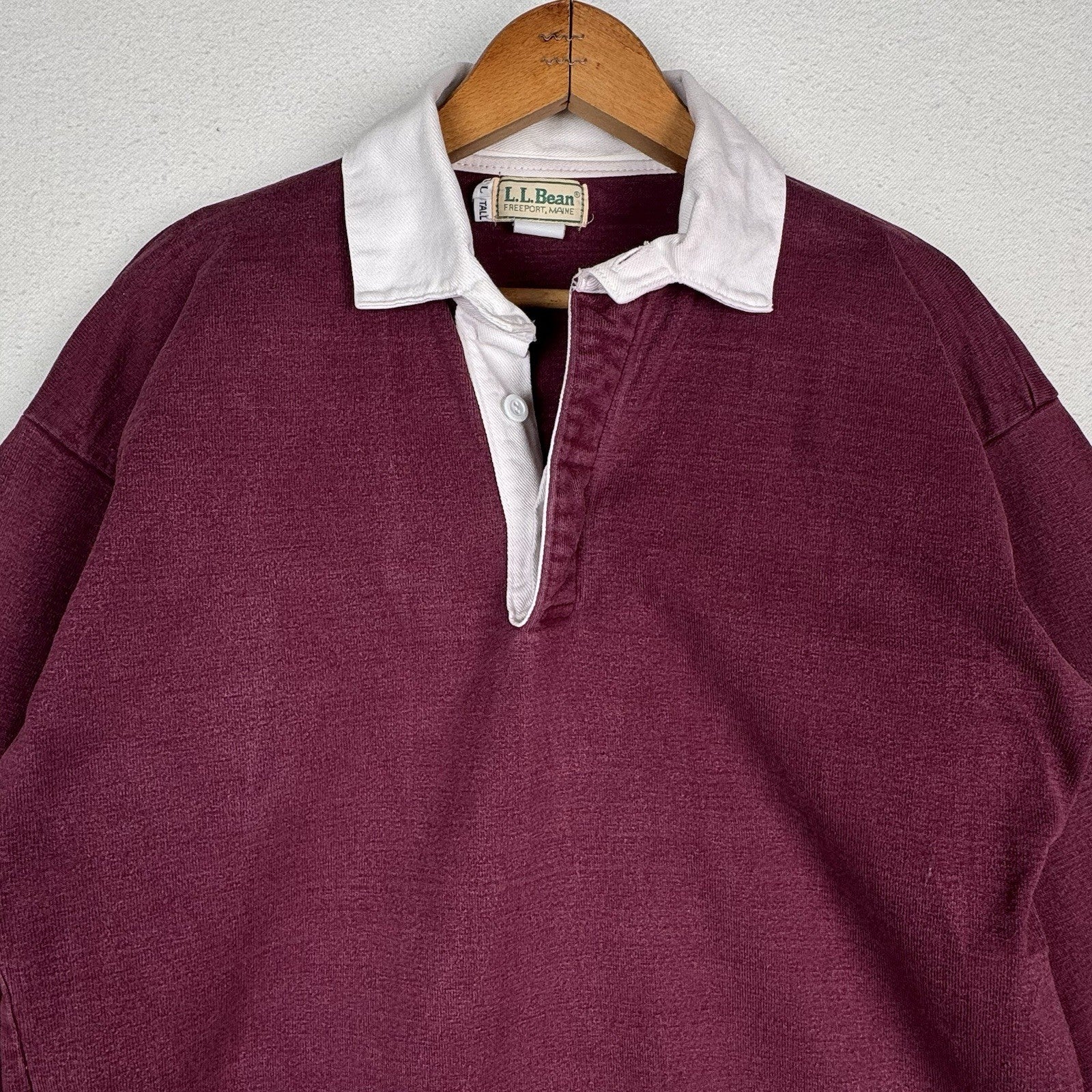 L.L. Bean Rugby Polo Shirt Mens L Large Tall Vintage Burgundy Long Sleeve