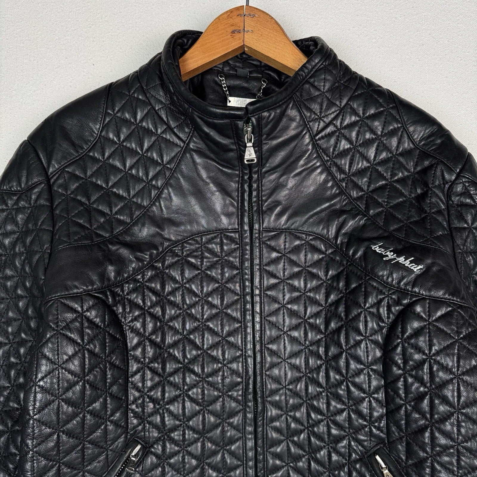 Baby Phat Vintage Genuine Leather Zip Black Quilted Biker Jacket Size XL *Read