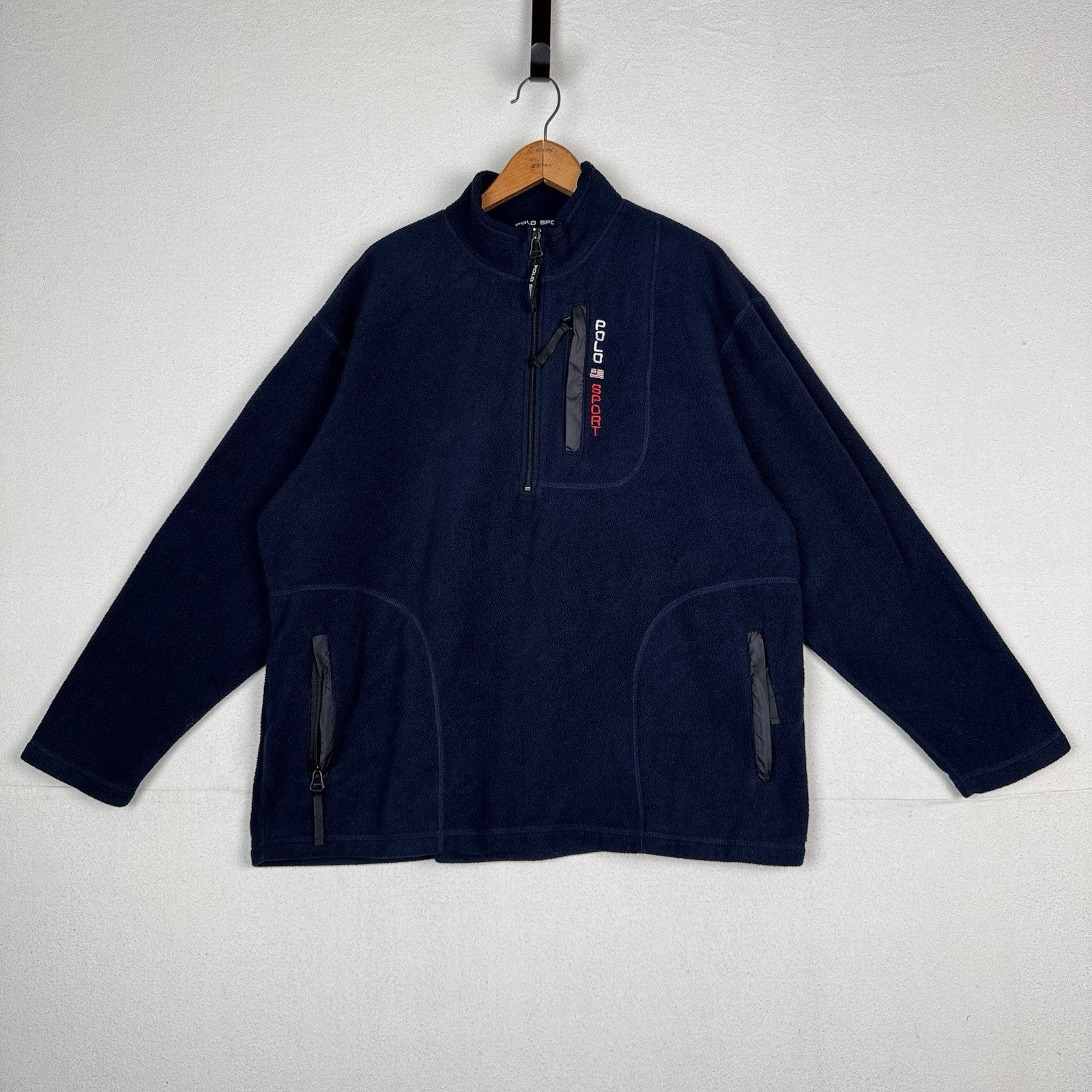 Vintage 90s Polo Sport Ralph Lauren 1/4 Zip Jacket Mens XL Blue Fleece Spellout