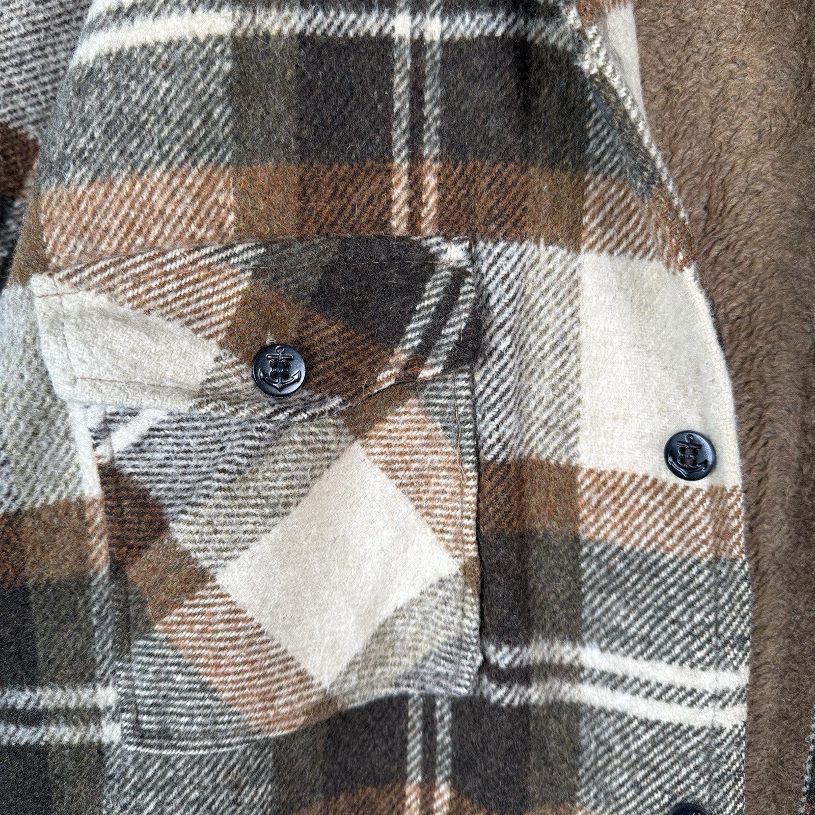 Vintage 70s CPO by Spiegel Mens Large Wool Blend Plaid Jacket Shacket Brown