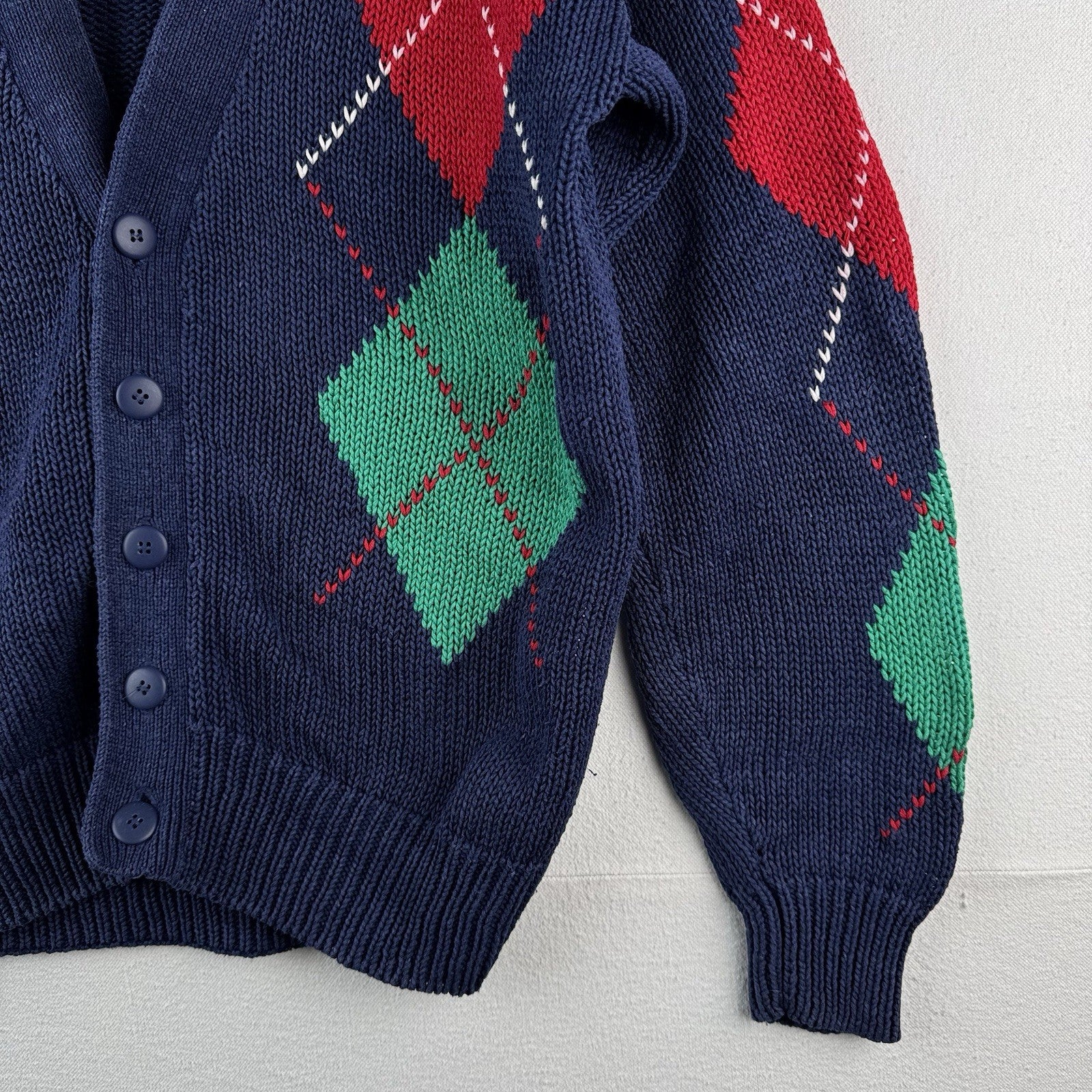 80’s Vintage Argyle Cardigan Sweater Blue Diamond Knit Unisex Medium