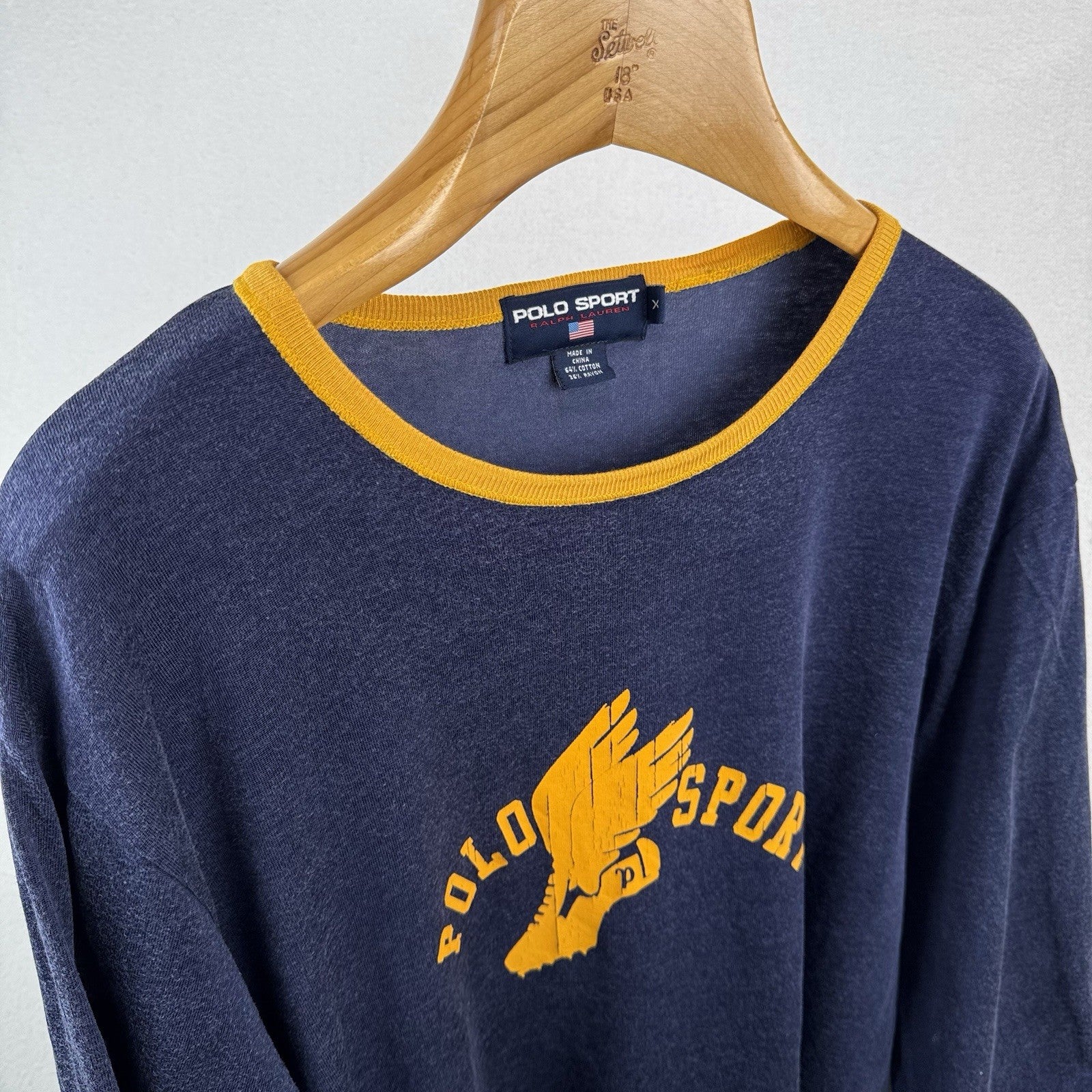 Polo Sport Ralph Lauren P Wing Worn In Ringer T-shirt Long Sleeve Navy Gold XL