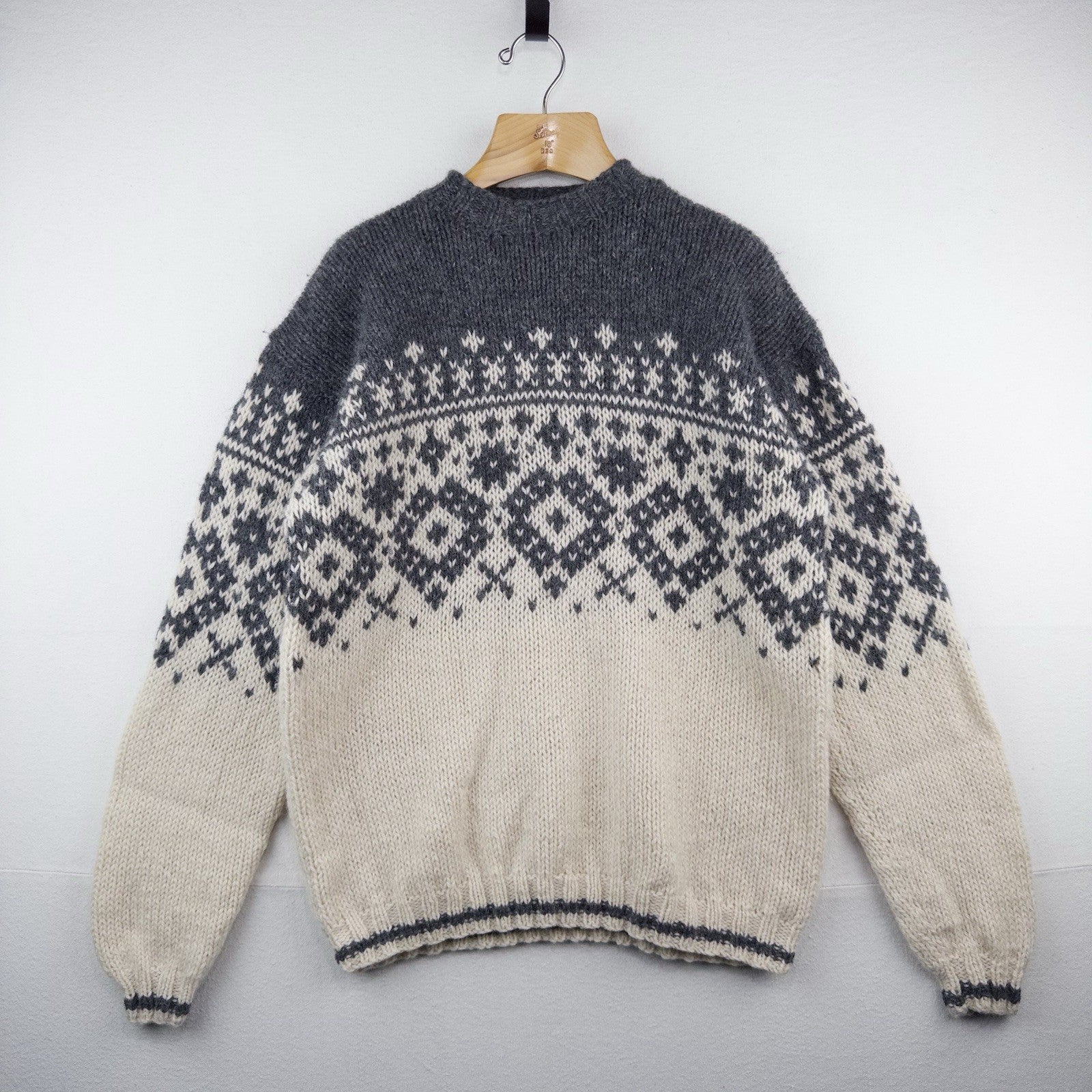 90’s Vintage J Crew Oarsman Wool Sweater Men’s M Fair Isle Chunky Gray Cream