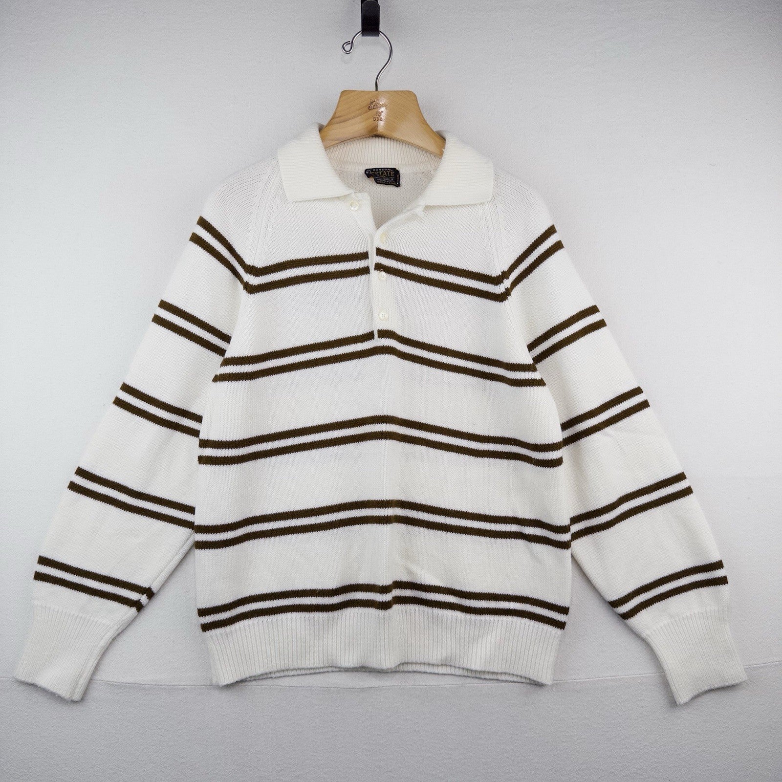 60’s Vtg Donegal Estate Mens L Orlon Acrylic Knit Polo Sweater Loop Collar Cream