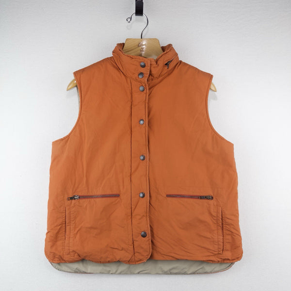 J.Crew Puffer Vest Full Zip Orange Women’s Large Hidden Hood Snaps