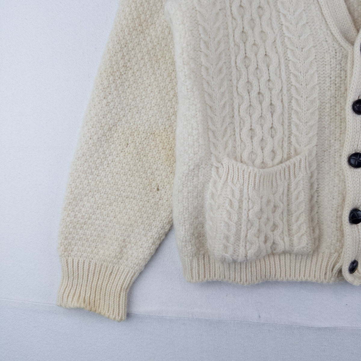 70’s Vtg St Michael Aran Chunky Knit Cardigan Fisherman Wool Cream L *Distressed