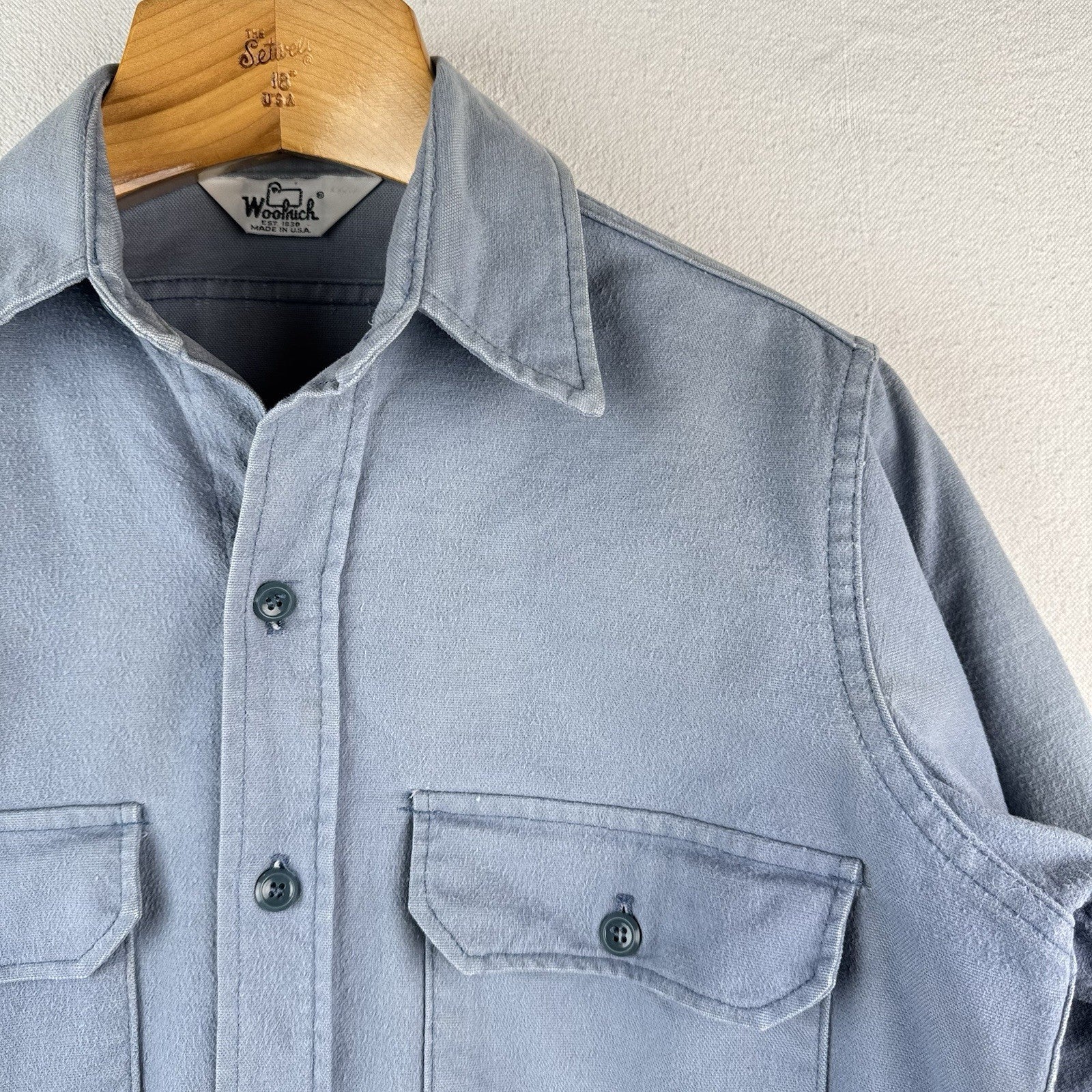 80’s Vtg Woolrich Chamois Cotton Button Up Flannel Blue Mens M Made USA Sunfaded
