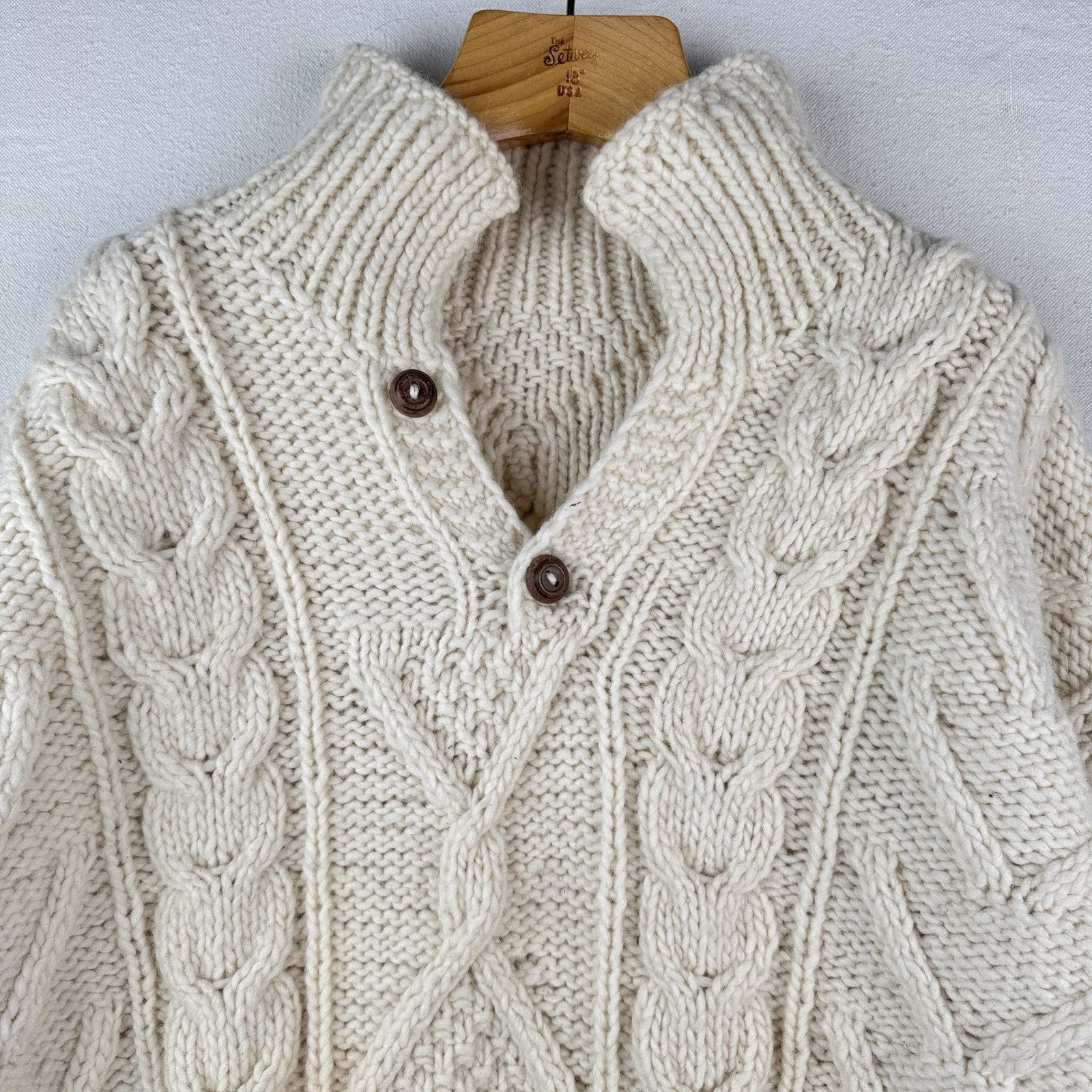 Handknit Wool 2XL Fisherman Sweater Cream White Knit Collar 2-button 48” *Read