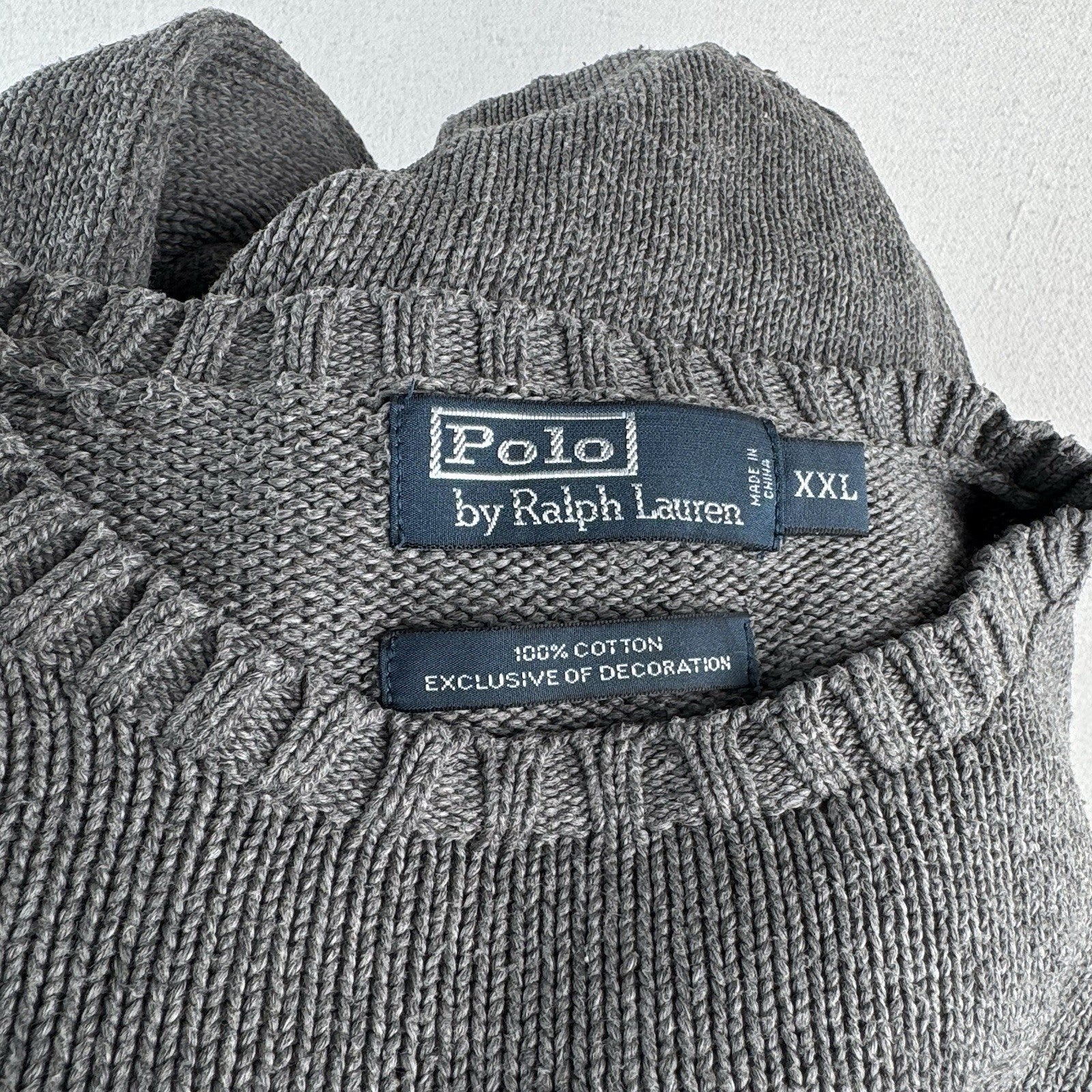 90's Vtg Polo Ralph Lauren Cotton Gray Knit Crewneck Sweater Men's 2XL Blue Pony