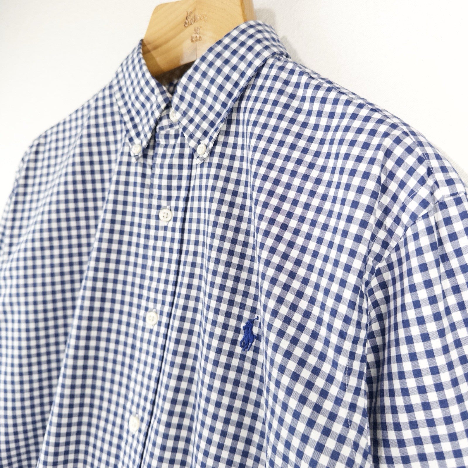 90’s Vintage Ralph Lauren Men's M Blue Gingham Check Button Down Shirt