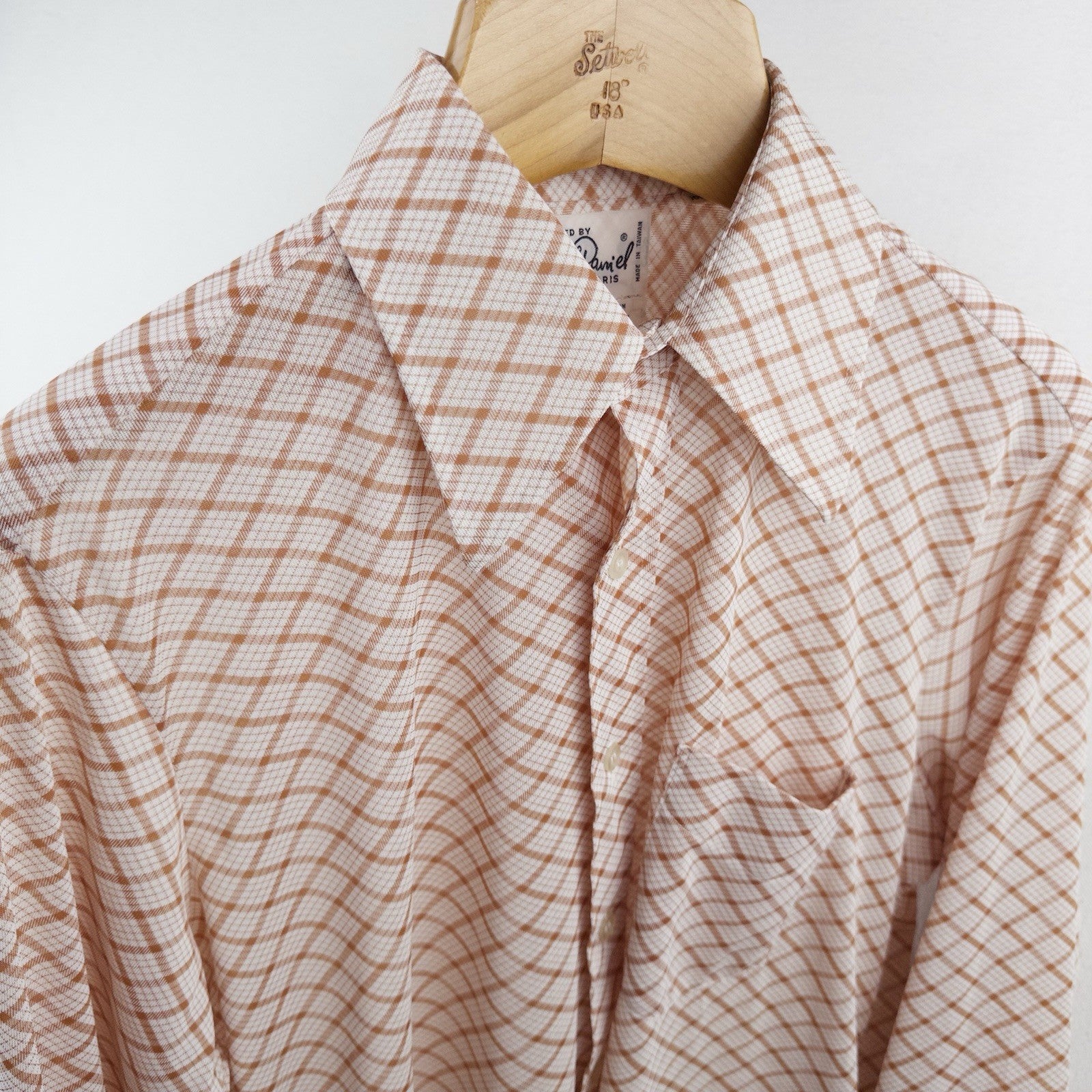 70’s Vtg Michel Daniel Paris Men's XL Orange Plaid Button Down Disco Shirt Thin