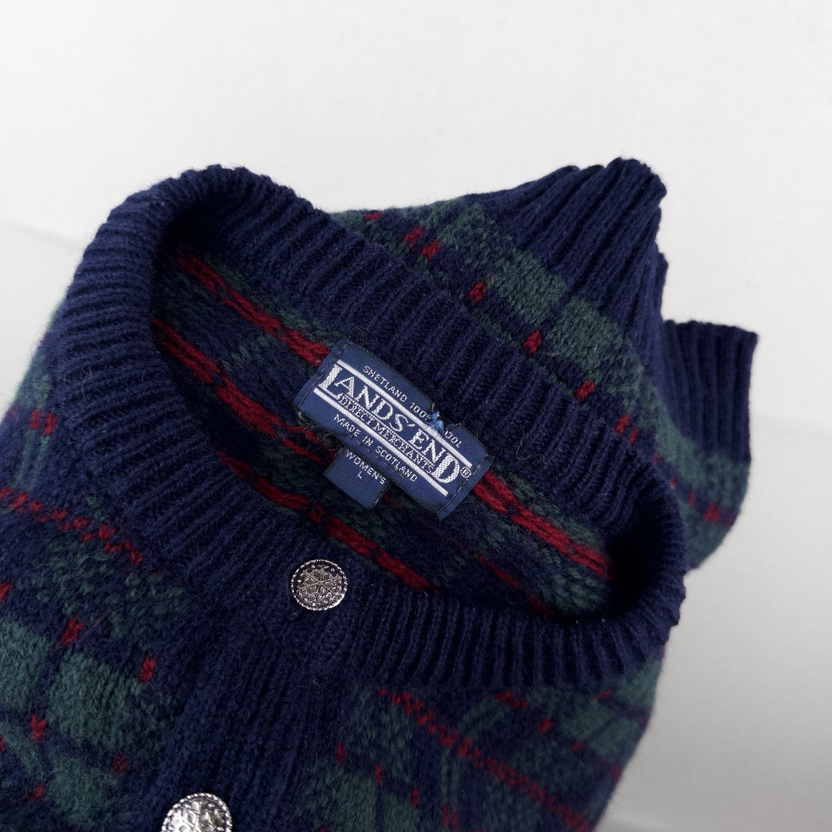 90’s Lands End Tartan Plaid Shetland Wool Cardigan Women’s Large Scotland
