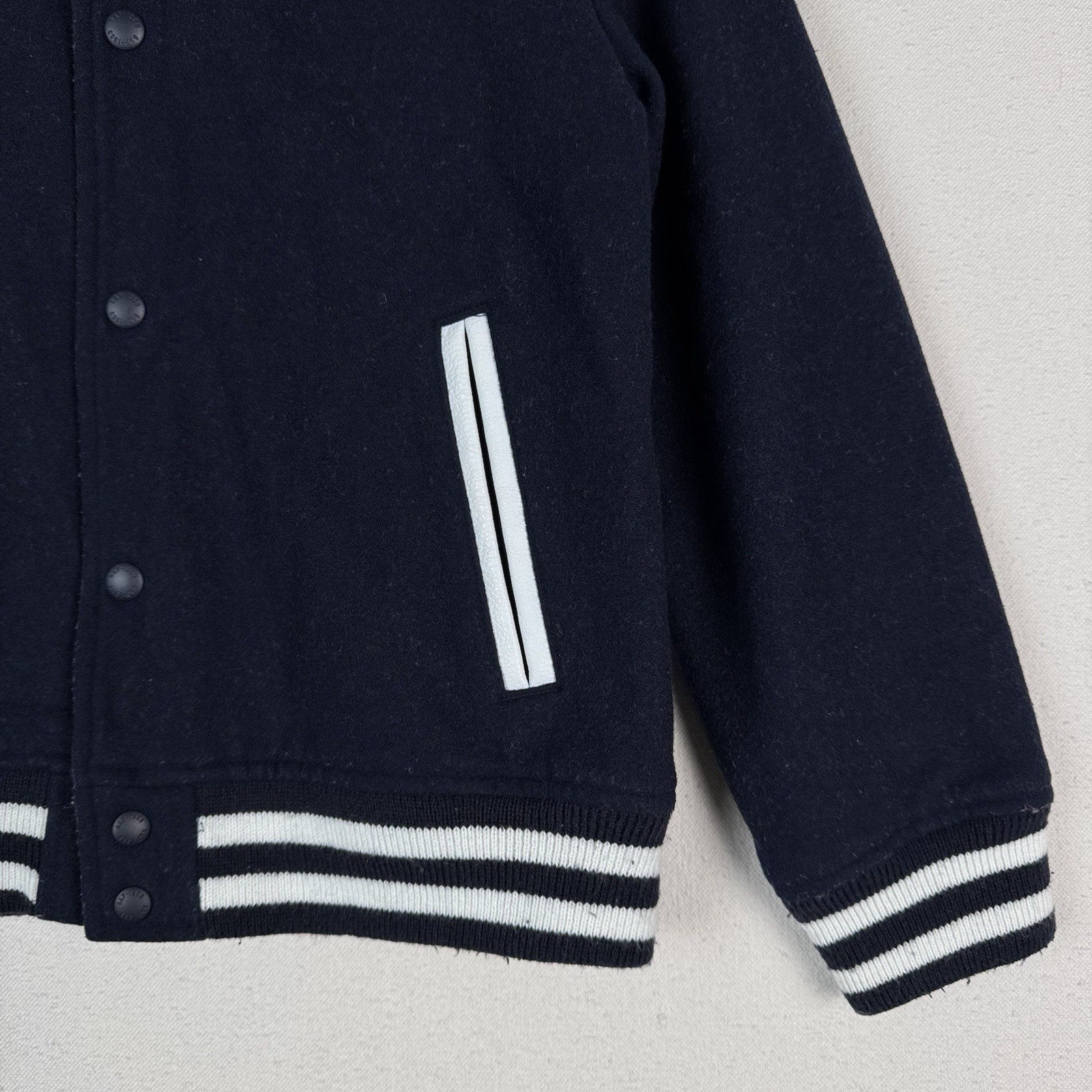 Gap Kids Wool Blend Varsity Baseball Jacket Navy Blue Removable Hood Size L 10