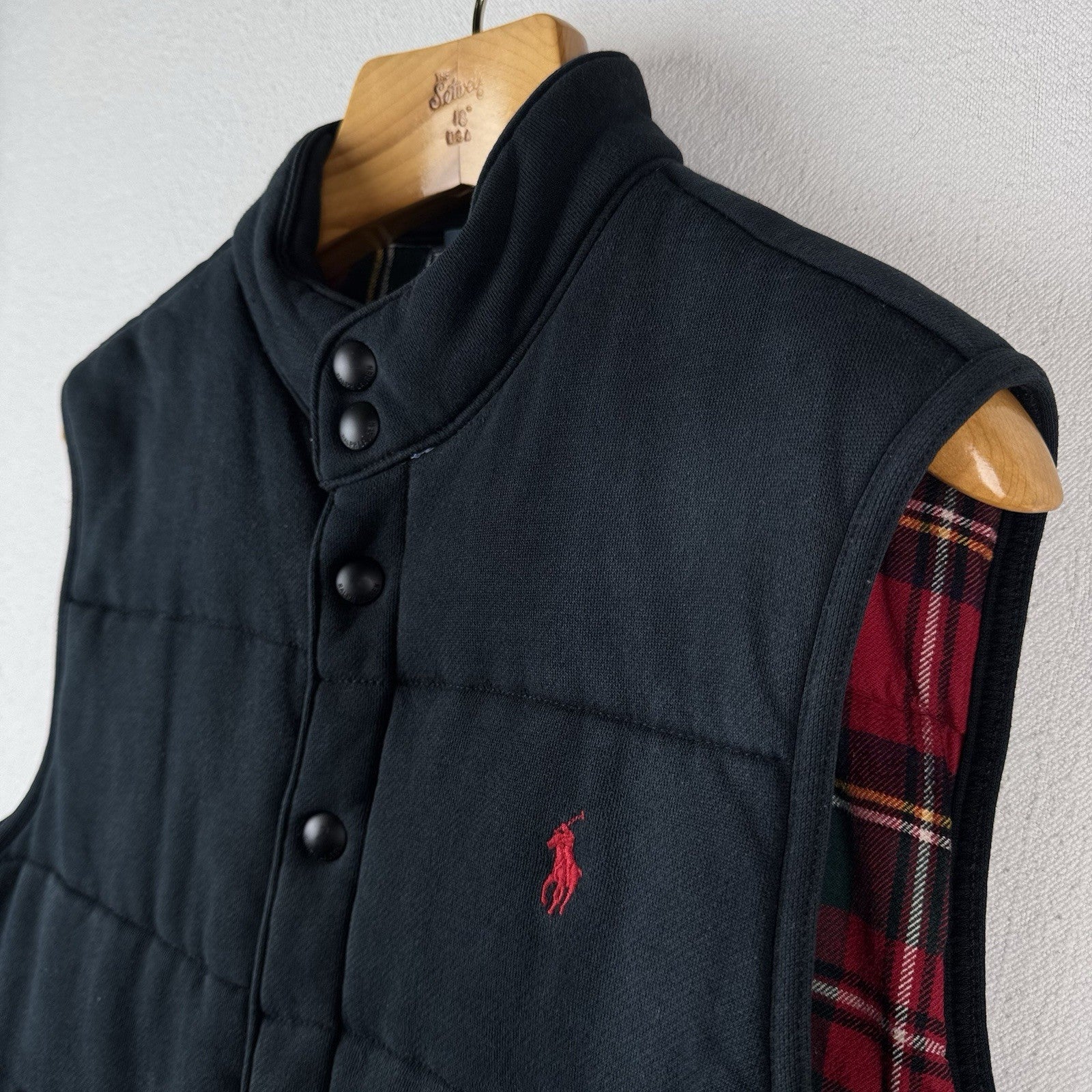 Vtg Polo Ralph Lauren Men M Black Quilted Puffer Vest Flannel Lining *Distressed