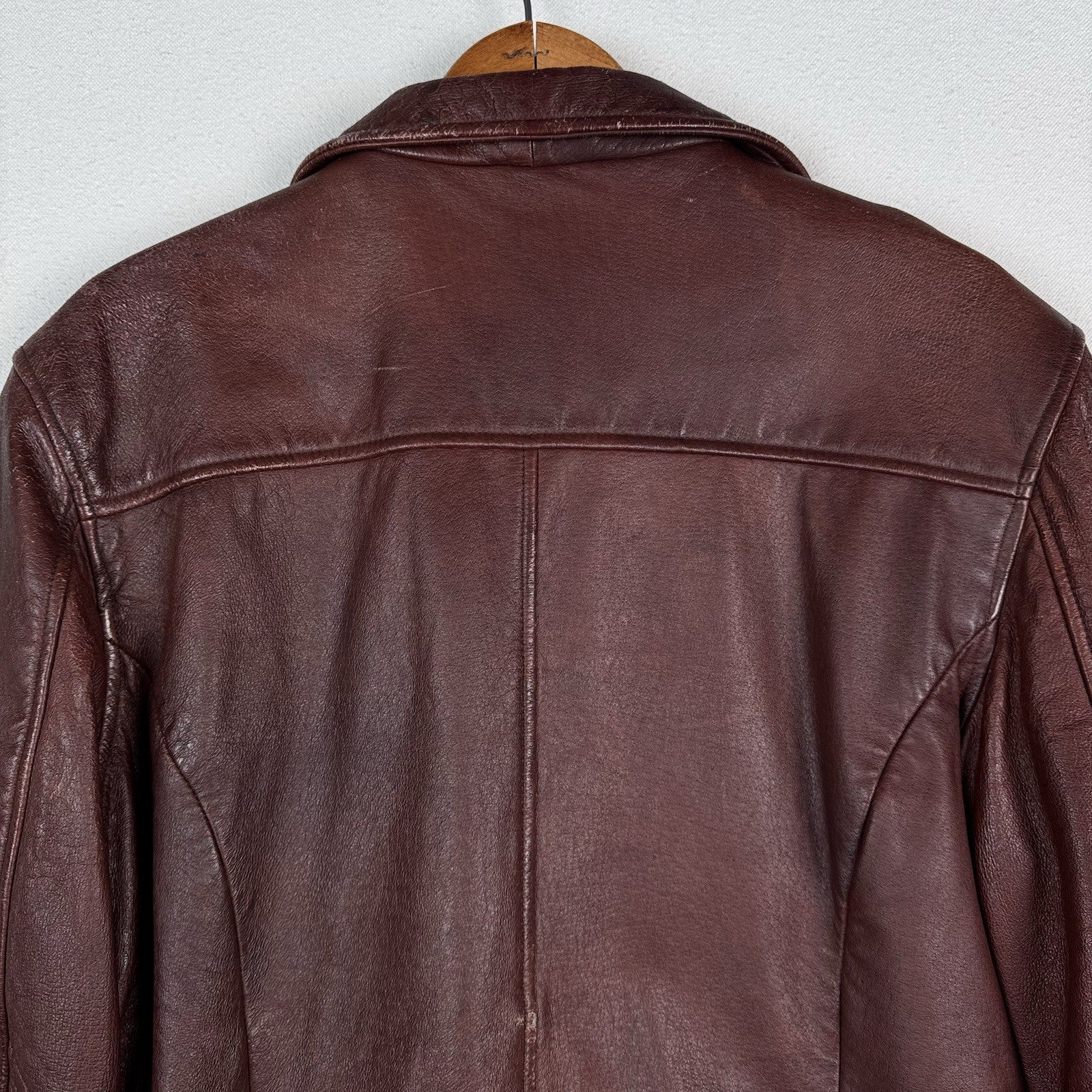 Vintage 90s Frye Leather Womens Large Jacket Coat Rust Brown Maroon Button Front