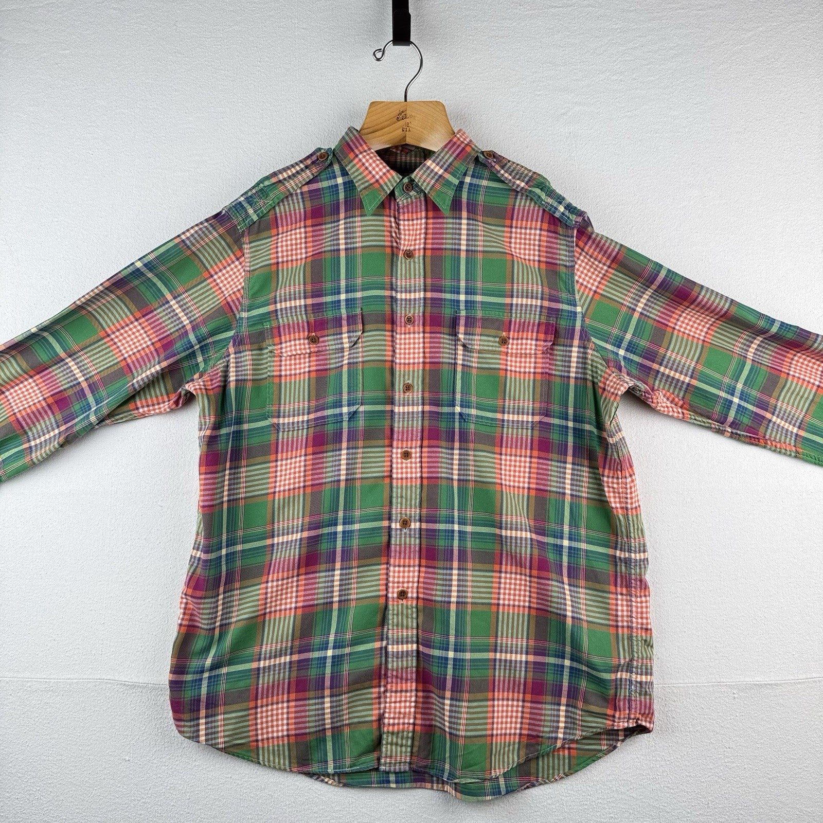 Vintage Polo Ralph Lauren Men’s XL Madras Button Down Shirt Green Orange Safari