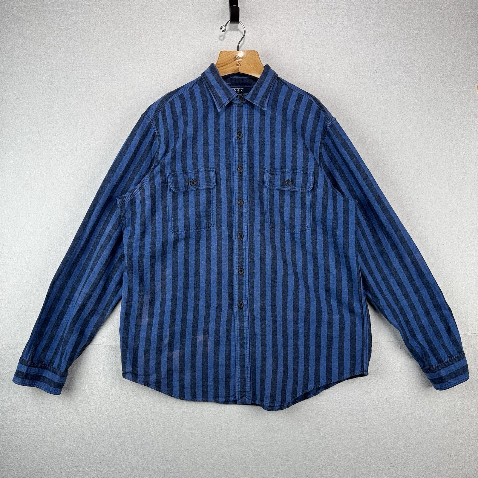 90’s Vtg Polo Ralph Lauren Indigo Blue Stripe Men’s 2XL Heavyweight Shirt *Read