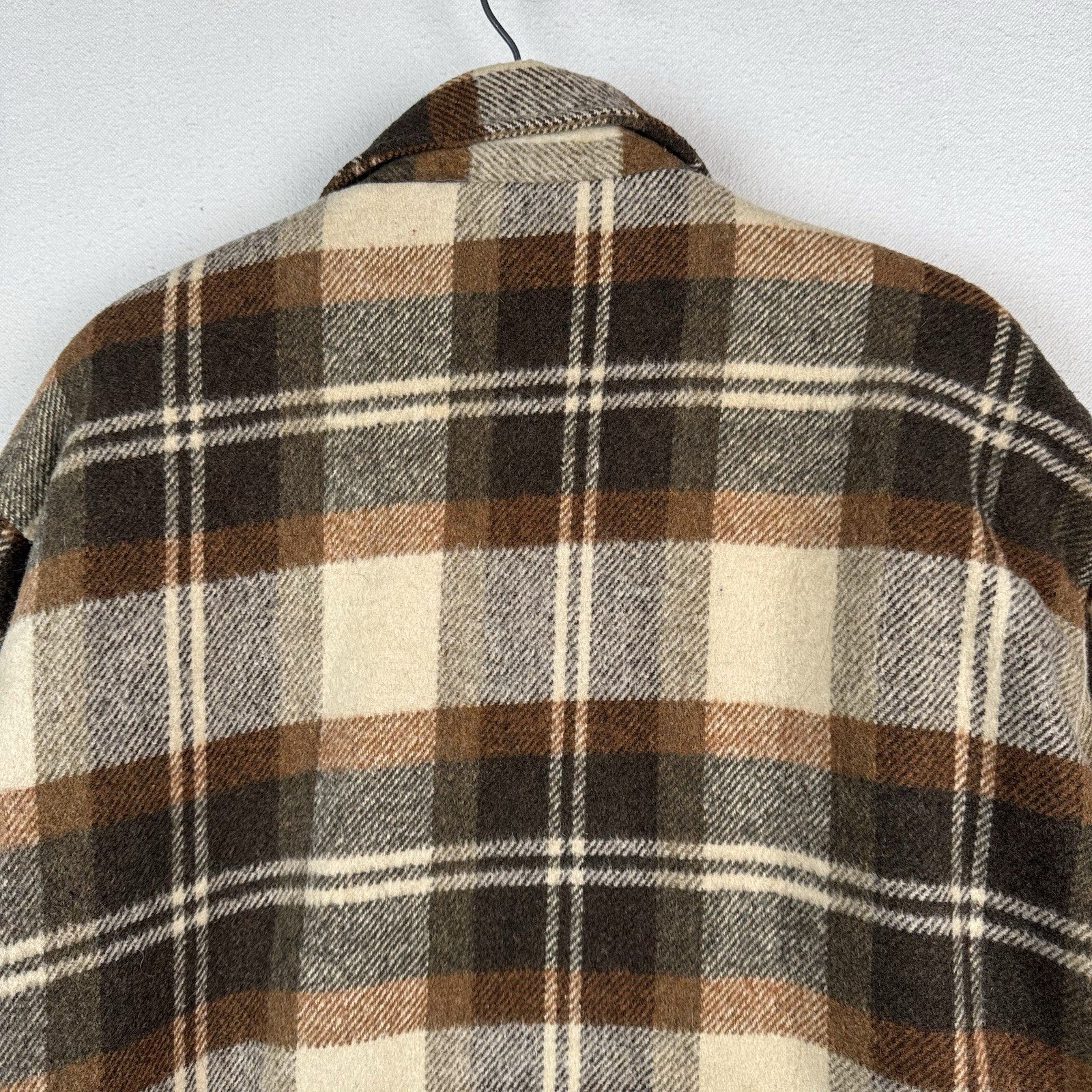 Vintage 70s CPO by Spiegel Mens Large Wool Blend Plaid Jacket Shacket Brown