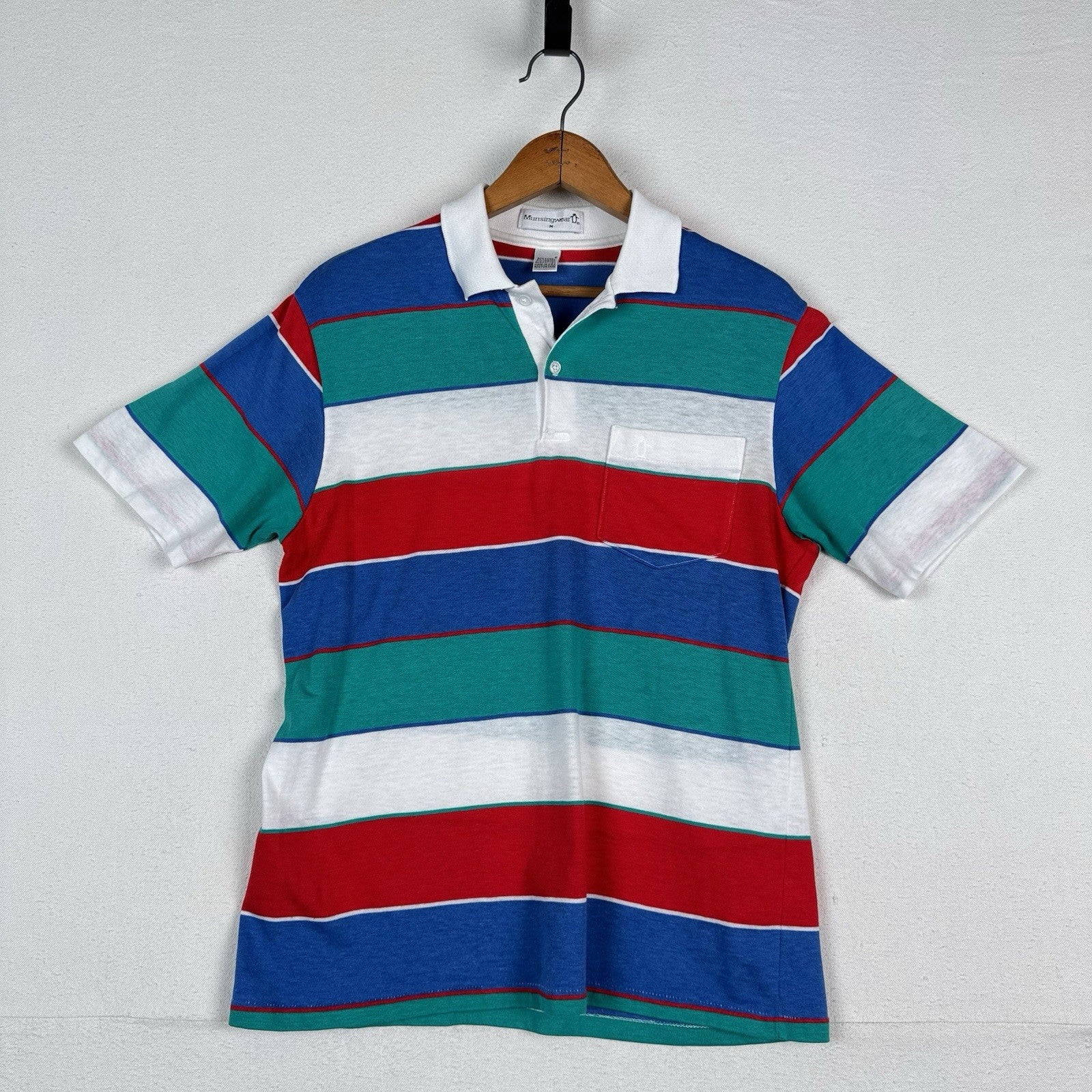 Vintage Munsingwear Polo Men’s Shirt L Striped Red White Blue Pocket Made in USA