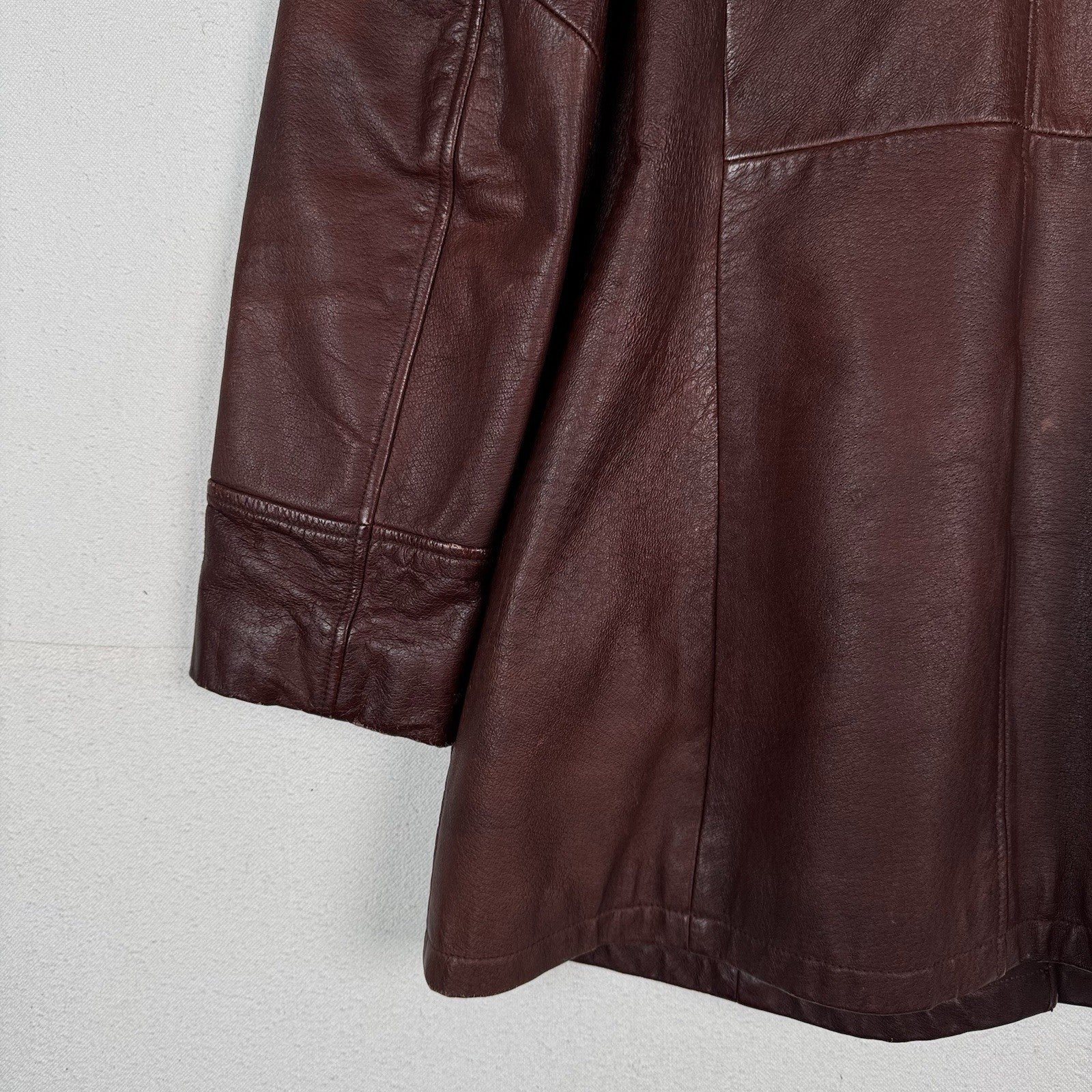 Vintage 90s Frye Leather Womens Large Jacket Coat Rust Brown Maroon Button Front