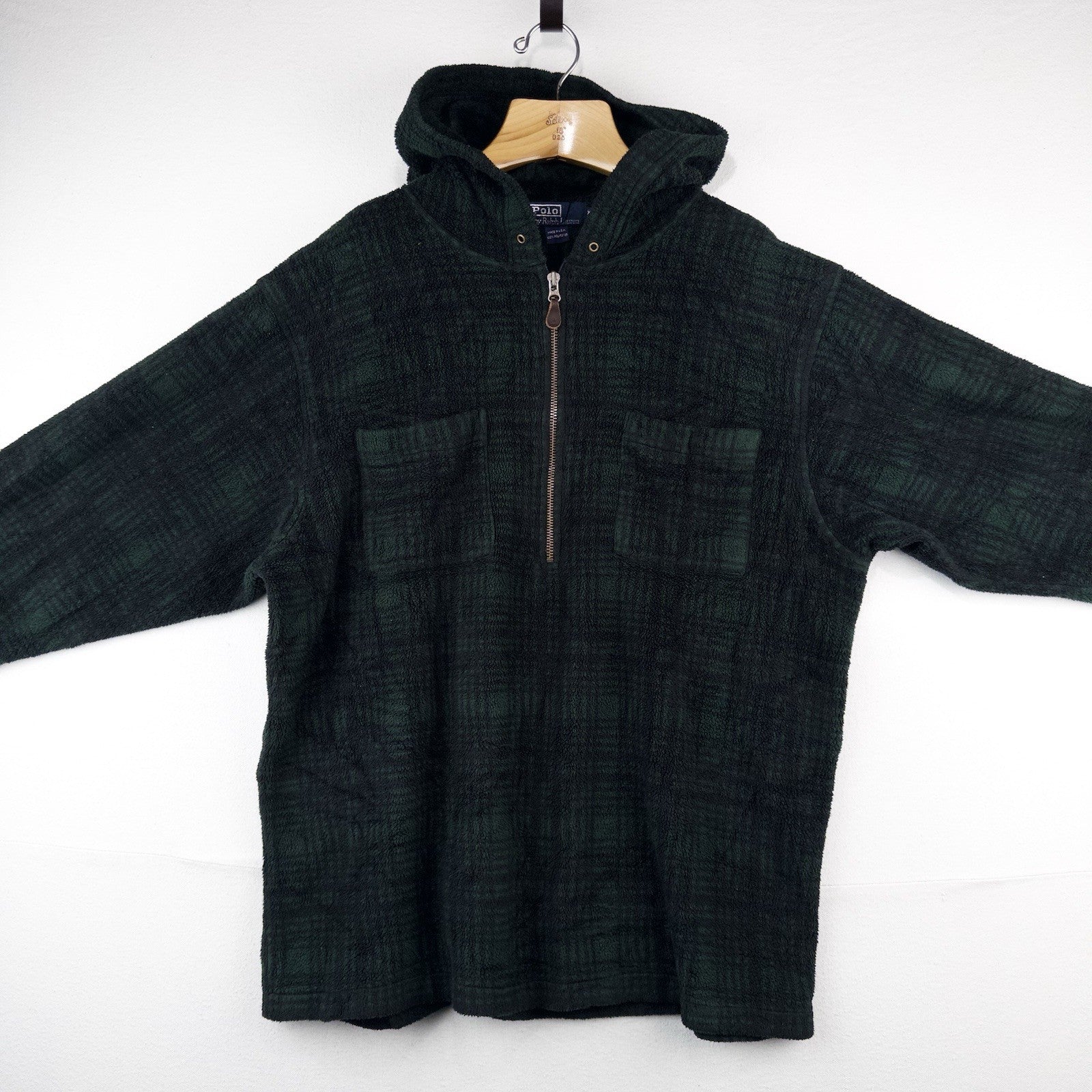 90’s Vtg Polo Ralph Lauren Hoodie Mens XL Green 1/4 Zip Tartan Plaid Fleece USA