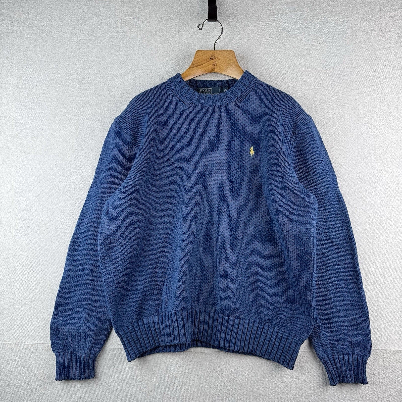 90’s Vintage Polo Ralph Lauren Sweater Men XL Blue Chunky Knit Crew Yellow Pony