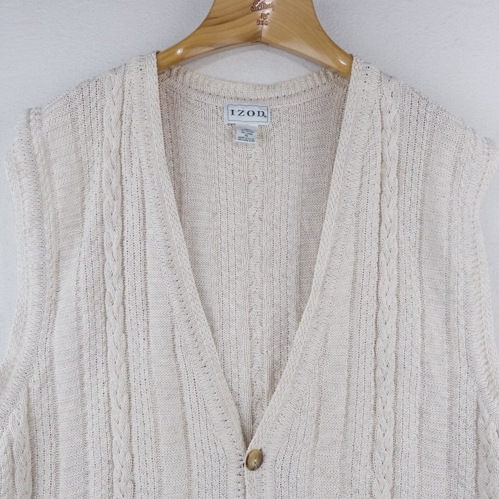 90’s Vtg Izod Cable Knit Vest Men’s XL Beige Fisherman Made In The USA