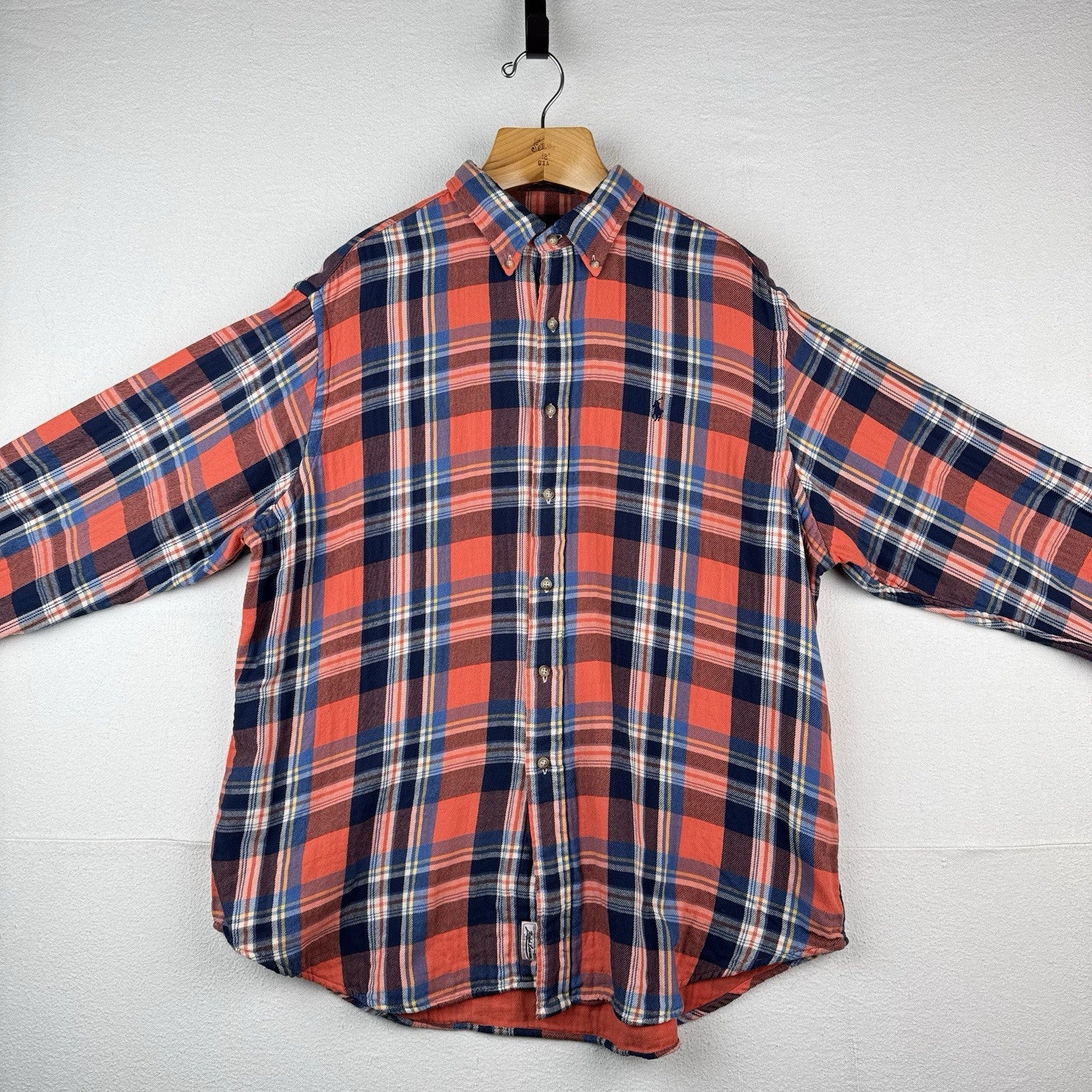 Vtg Polo Ralph Lauren Men's 2XL Plaid Lined Flannel Shirt Orange Double Layer