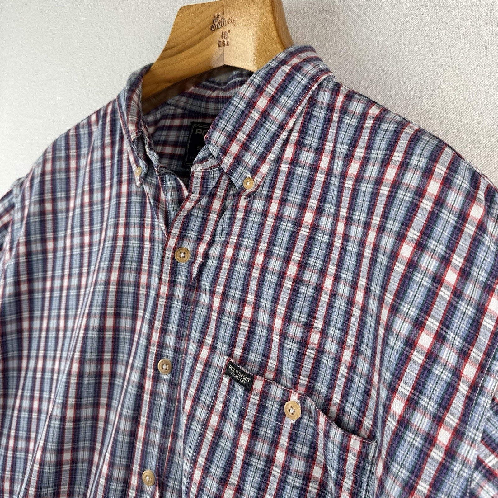 Vintage Polo Sport Ralph Lauren Men’s XL Red Blue Plaid Cotton Camp Shirt