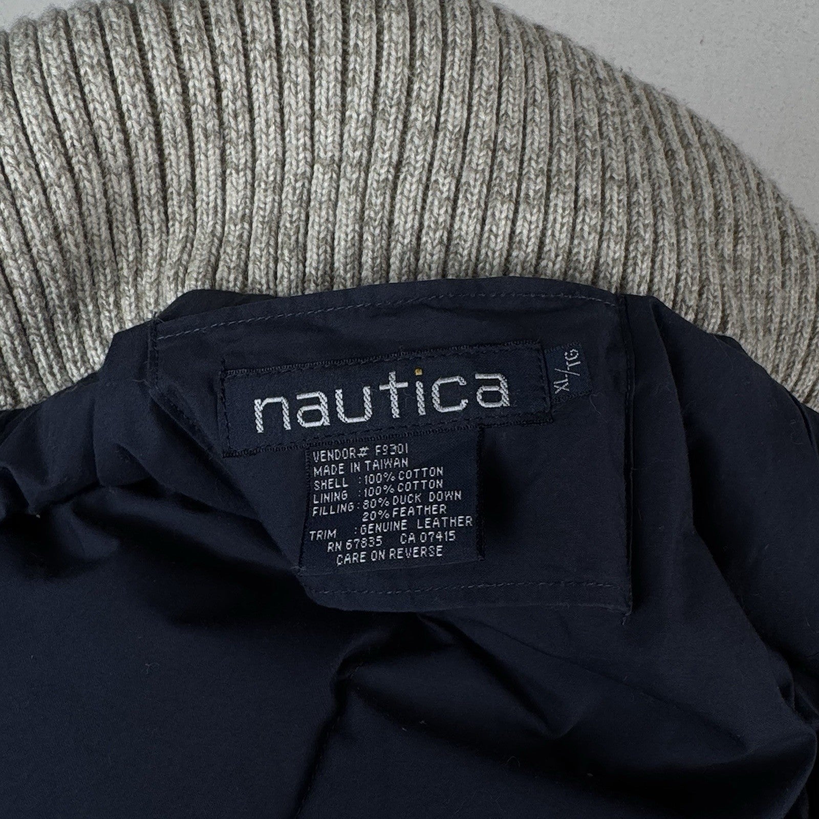 90s Nautica Mens XL Down Puffer Bomber Jacket Leather Patches Red Sweater Collar