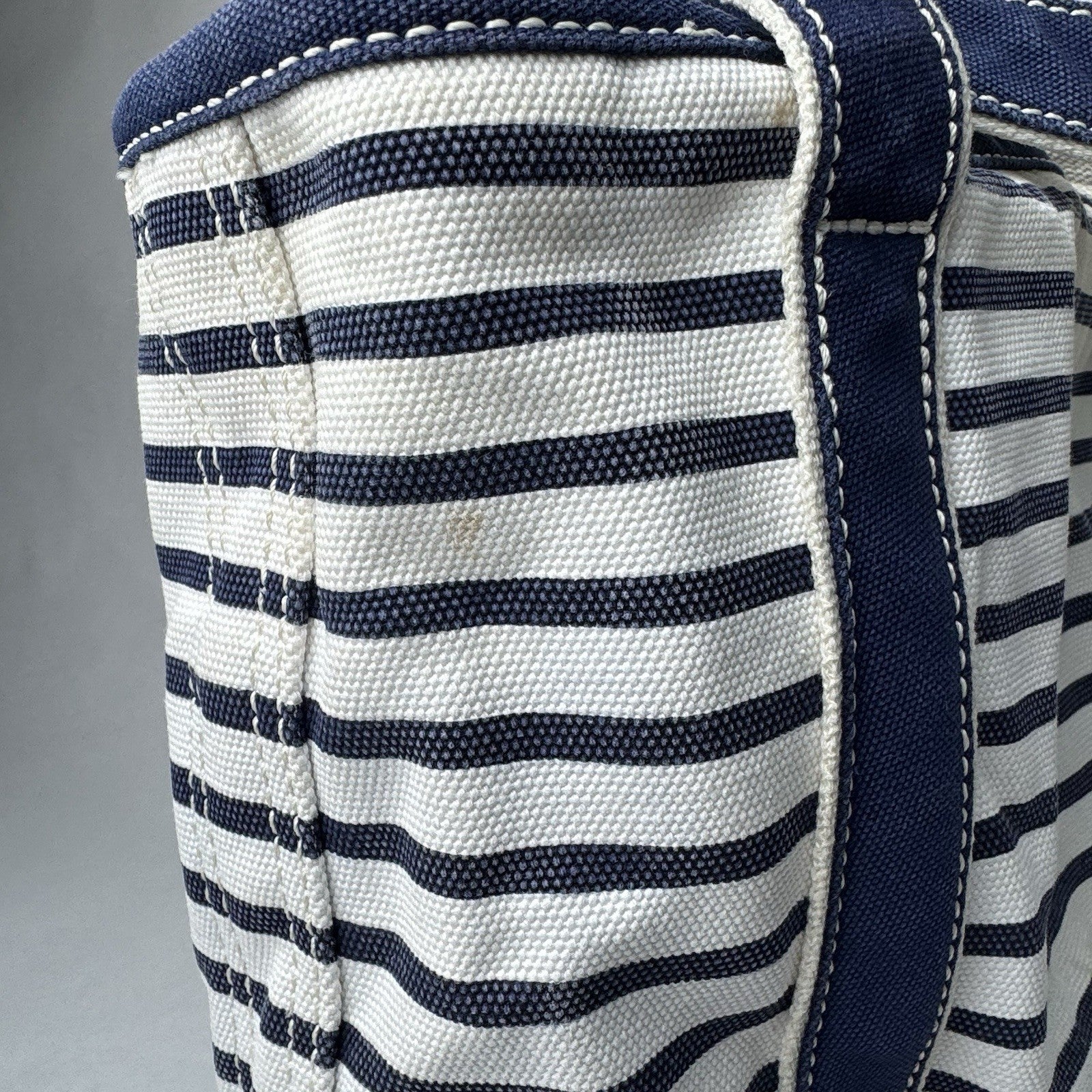 Lands’ End Canvas Large Blue and Natural Tan Striped Tote Beach Bag 15”x7”x12”