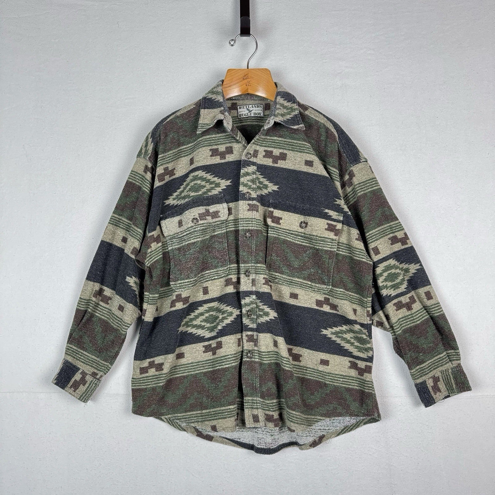90s Vintage Bugle Boy Wetlands Aztec Shirt Mens Large Button Up Southwest