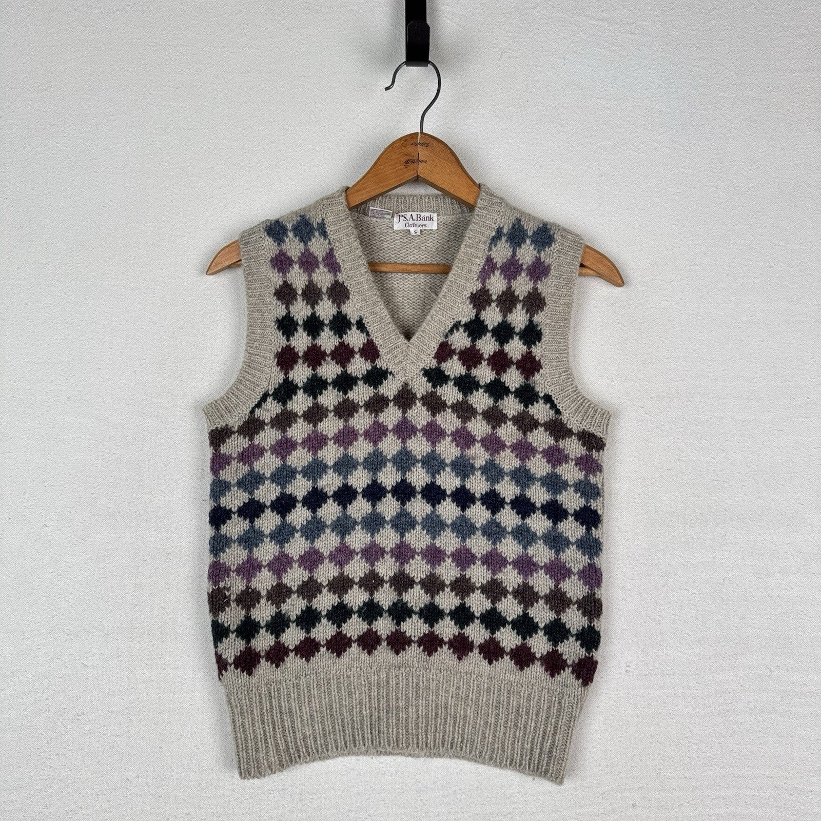 Vintage Jos. A. Bank Clothiers Argyle Vest 100% Shetland Wool Small Grey Blue