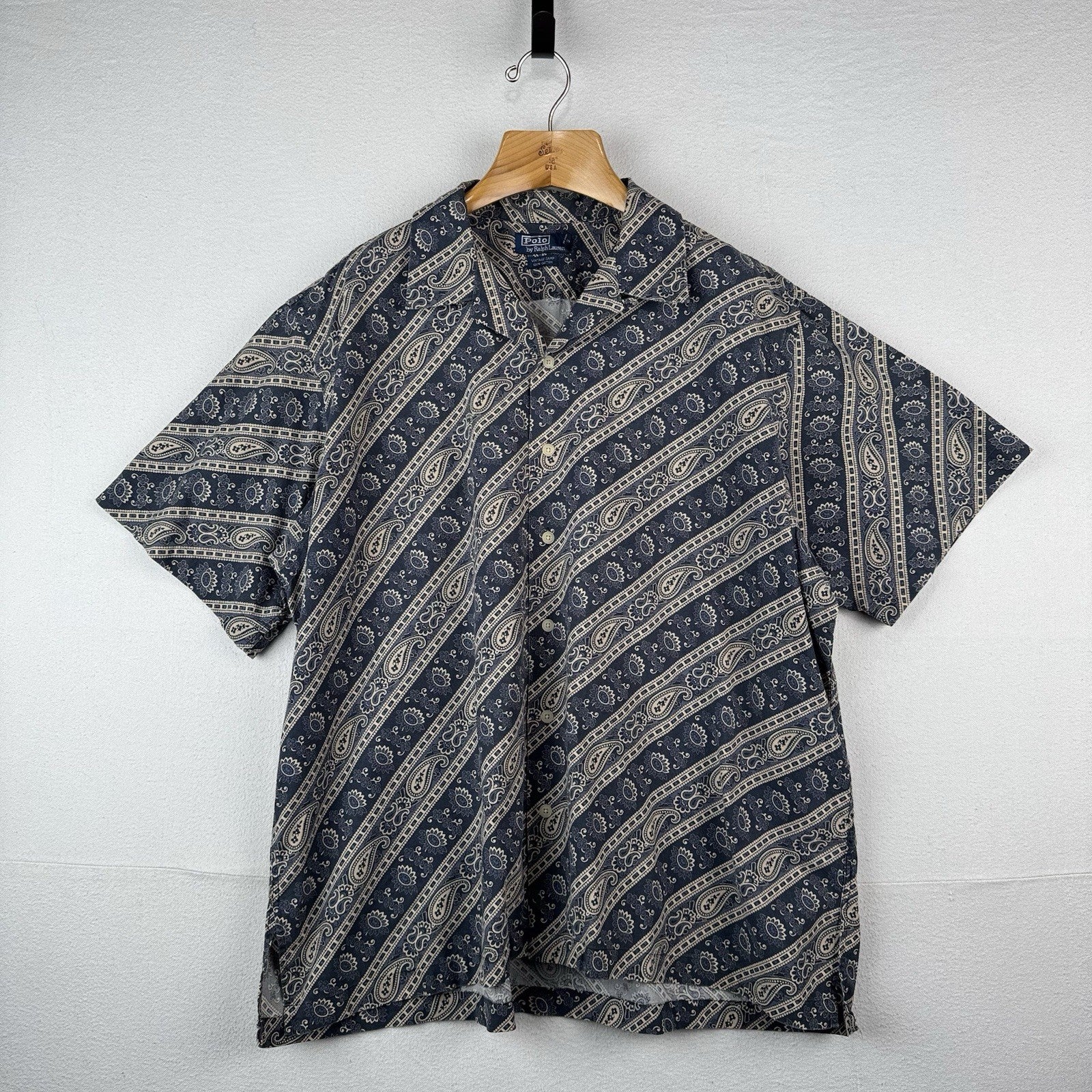 90s Vintage Polo Ralph Lauren Loop Collar Camp Shirt Blue Bandana Paisley