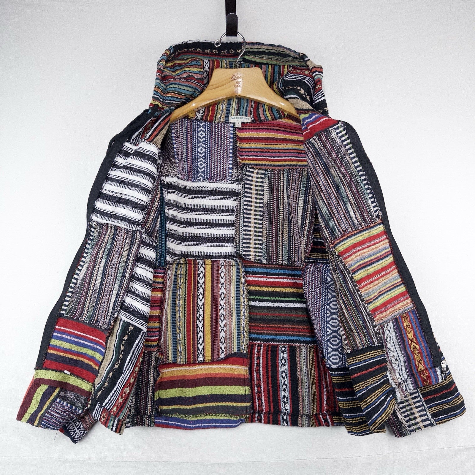 Vintage Patchwork Rug Baja Hoodie Full Zip Jacket Small Boho Festival