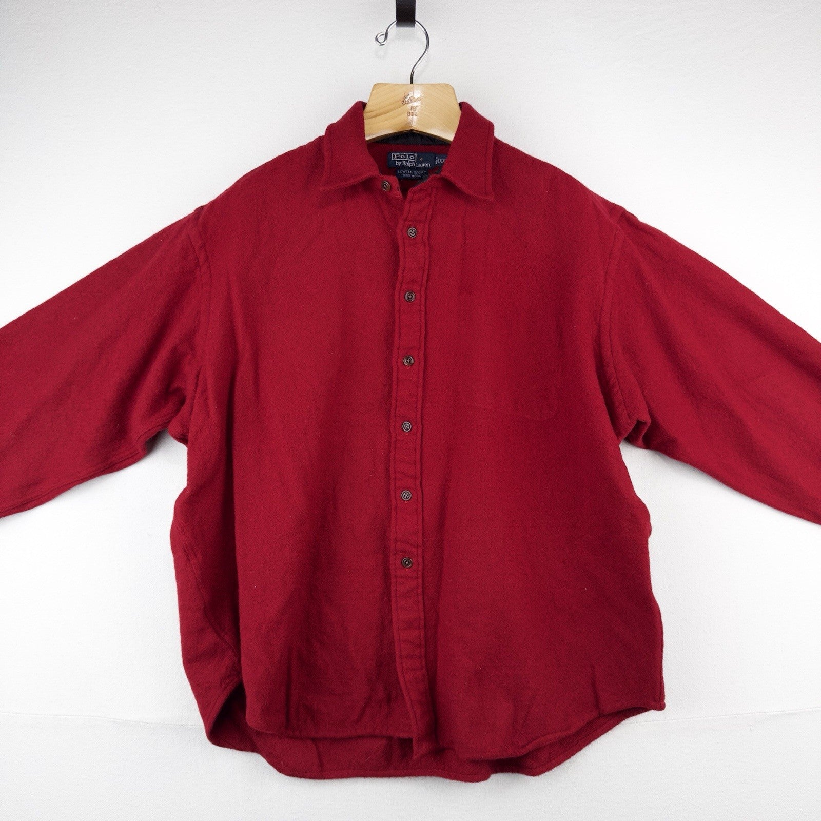 90s Vtg Polo Ralph Lauren Red Lowell 100% Wool Button Up Shirt Boxy *Distressed