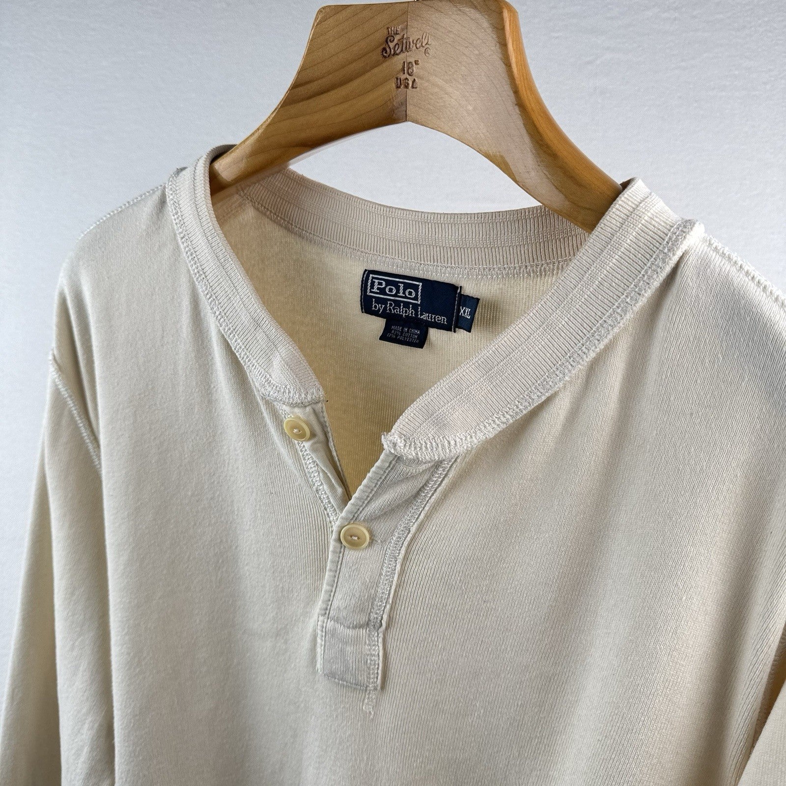Vintage Polo Ralph Lauren Henley Shirt Mens 2XL Long Sleeve Cotton Beige