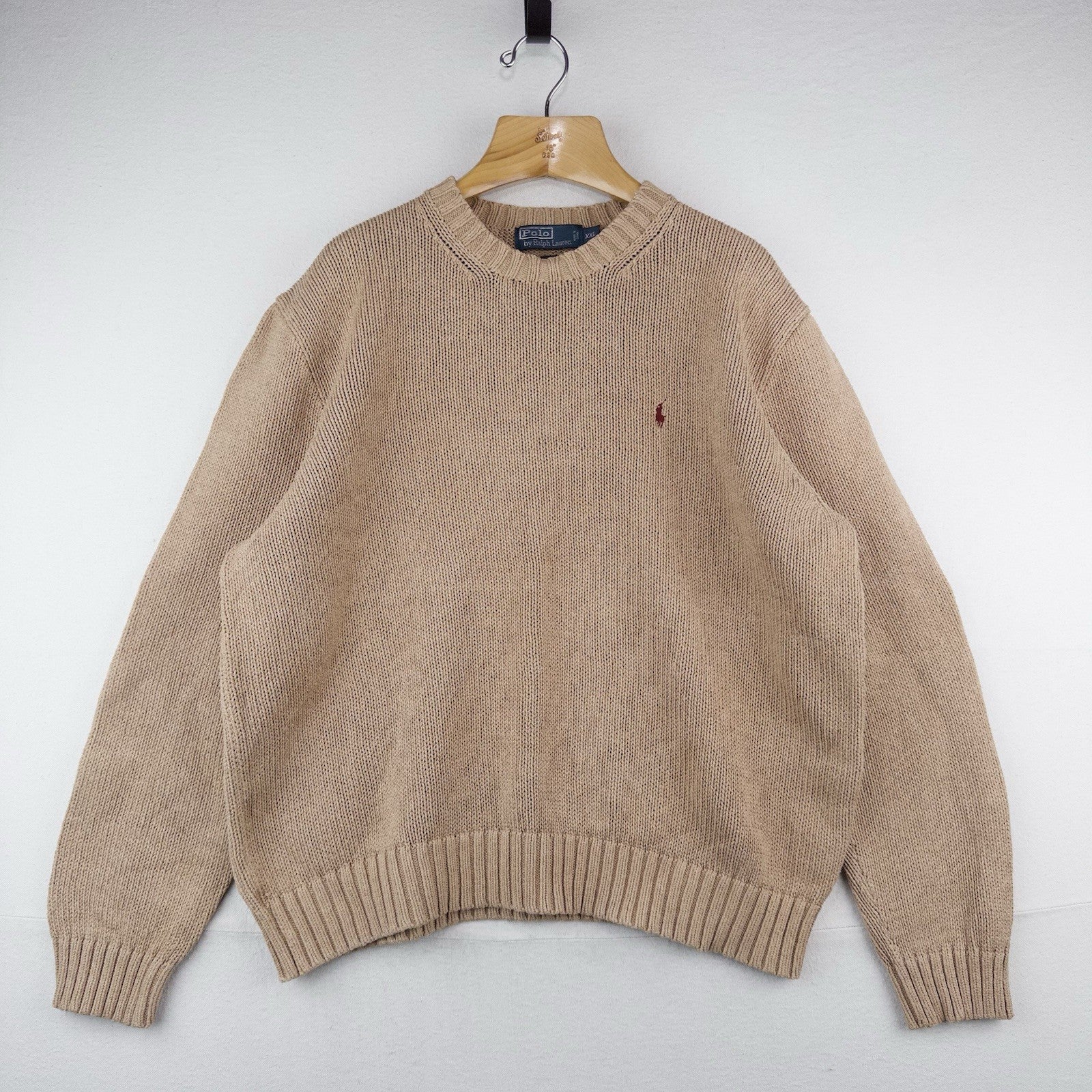 90’s Vintage Polo Ralph Lauren Knit Sweater Mens 2XL Camel Brown Cotton Crewneck