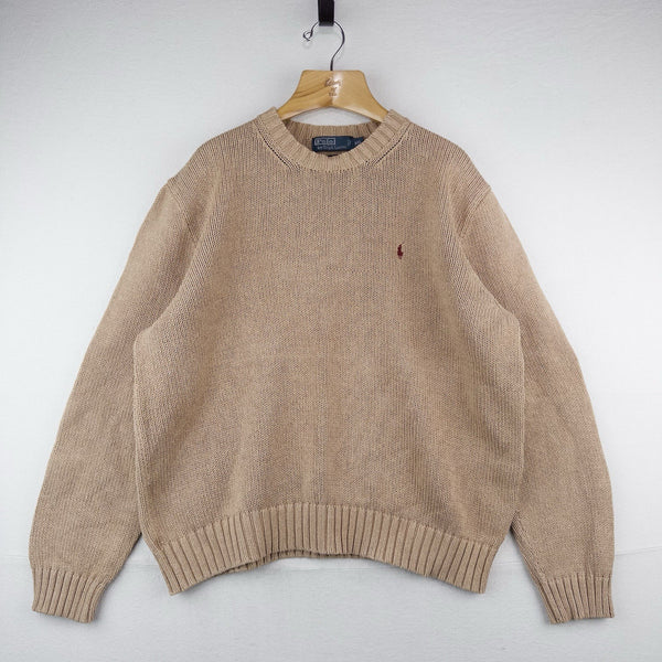 90’s Vintage Polo Ralph Lauren Knit Sweater Mens 2XL Camel Brown Cotton Crewneck