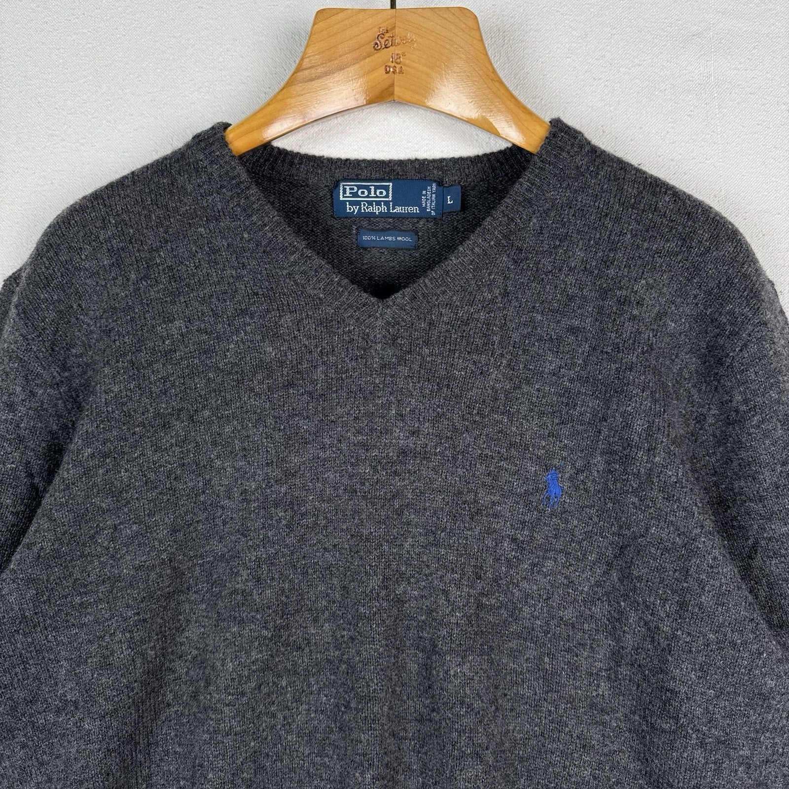 Polo Ralph Lauren Mens L 100% Lambswool V-Neck Gray Sweater Italian Yarn