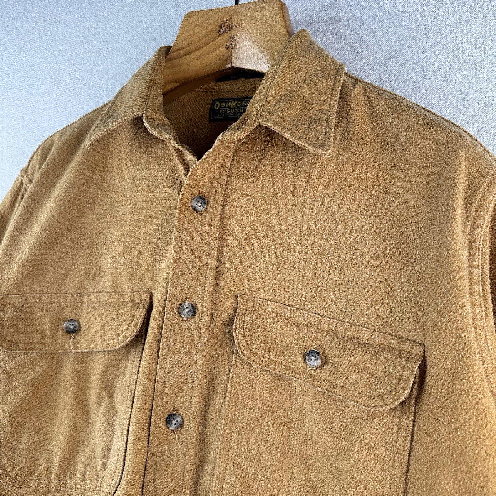 80’s Vtg OshKosh Bgosh Shirt Mens L Camel Tan Chamois Flannel Button USA Made