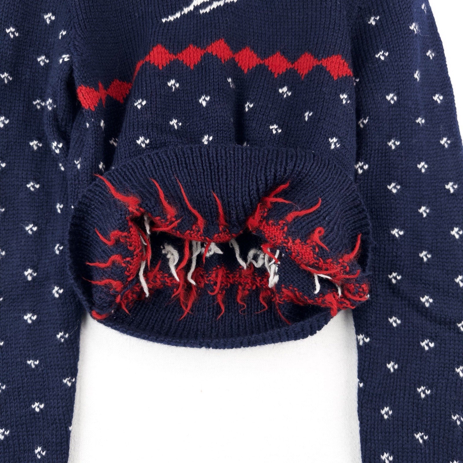 50’s Vtg Hand Knit Apres Ski Sweater Skier Blue Red Birds Eye Women’s S