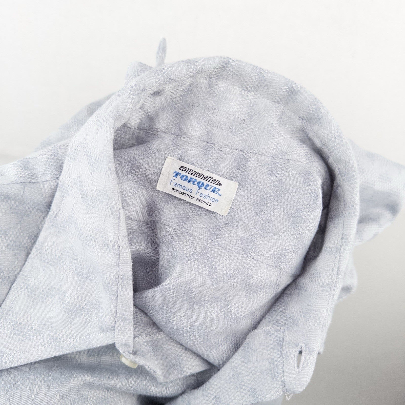 70’s Vtg Manhattan Torque 16.5 M Blue Button Down Shirt Lightweight Jacquard