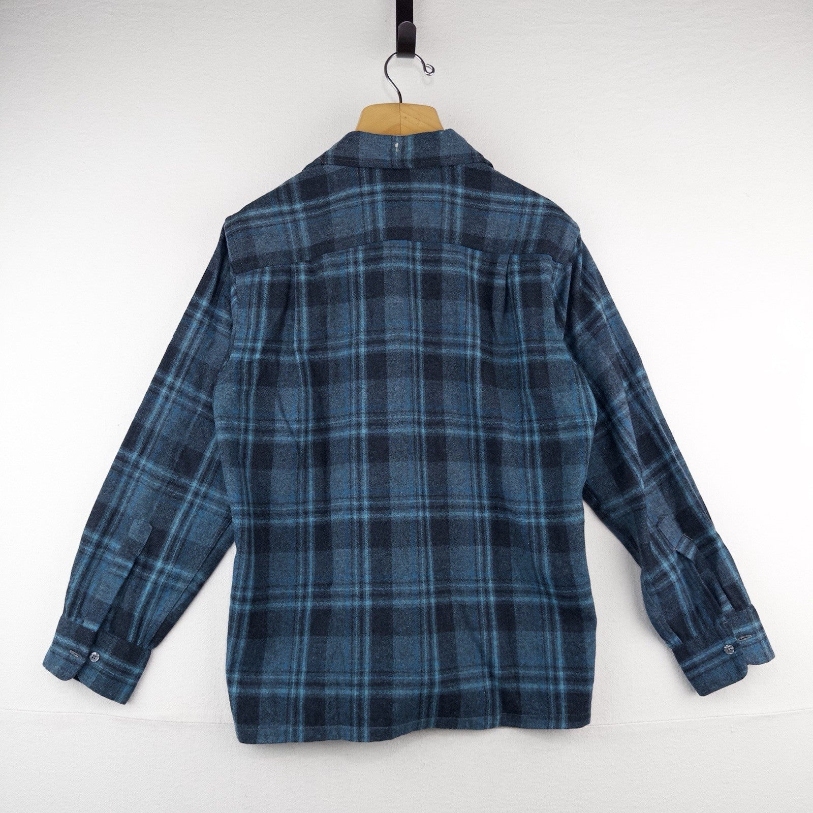 50’s Vtg Ponderosa Virgin Wool Blend Flap Pocket Blue Plaid Flannel Work Shirt