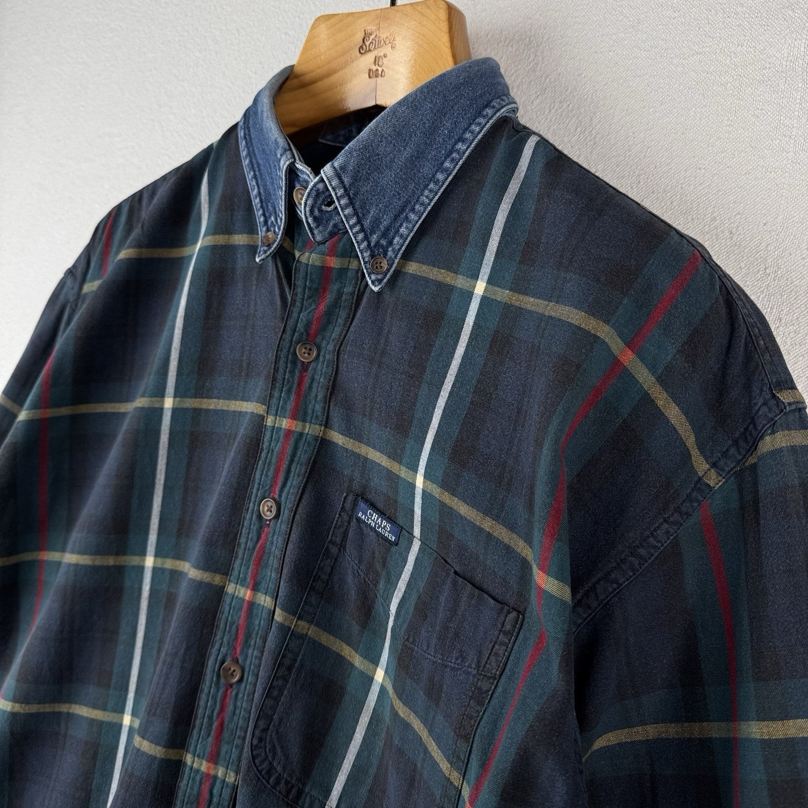 90’s Vtg Chaps Ralph Lauren Men’s M Blue Tartan Plaid Denim Collar Shirt