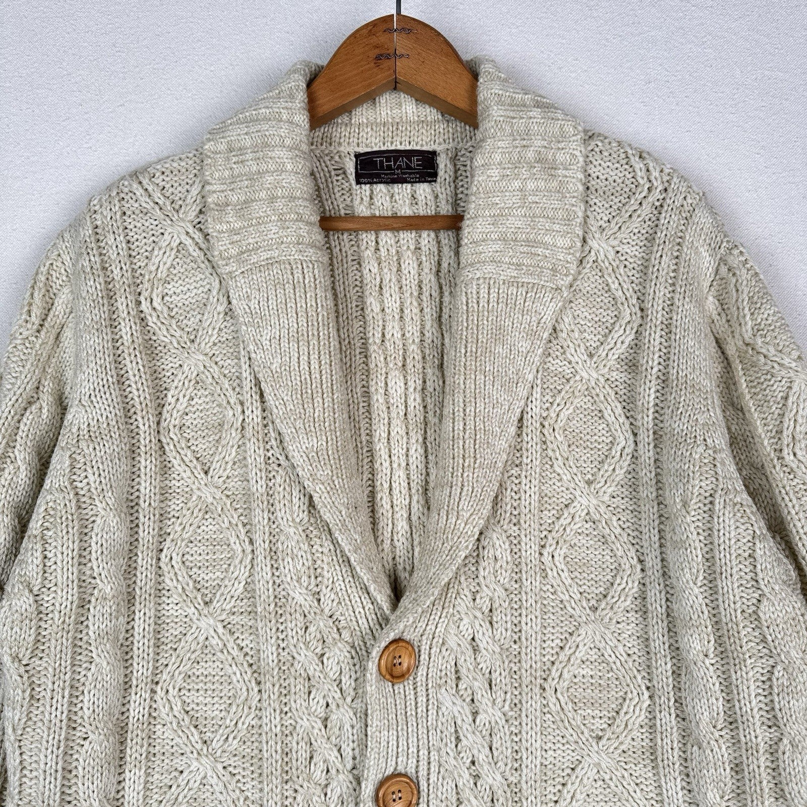 Vintage Thane Men’s Fisherman Cable Knit Cardigan Sweater Acrylic Cream Medium