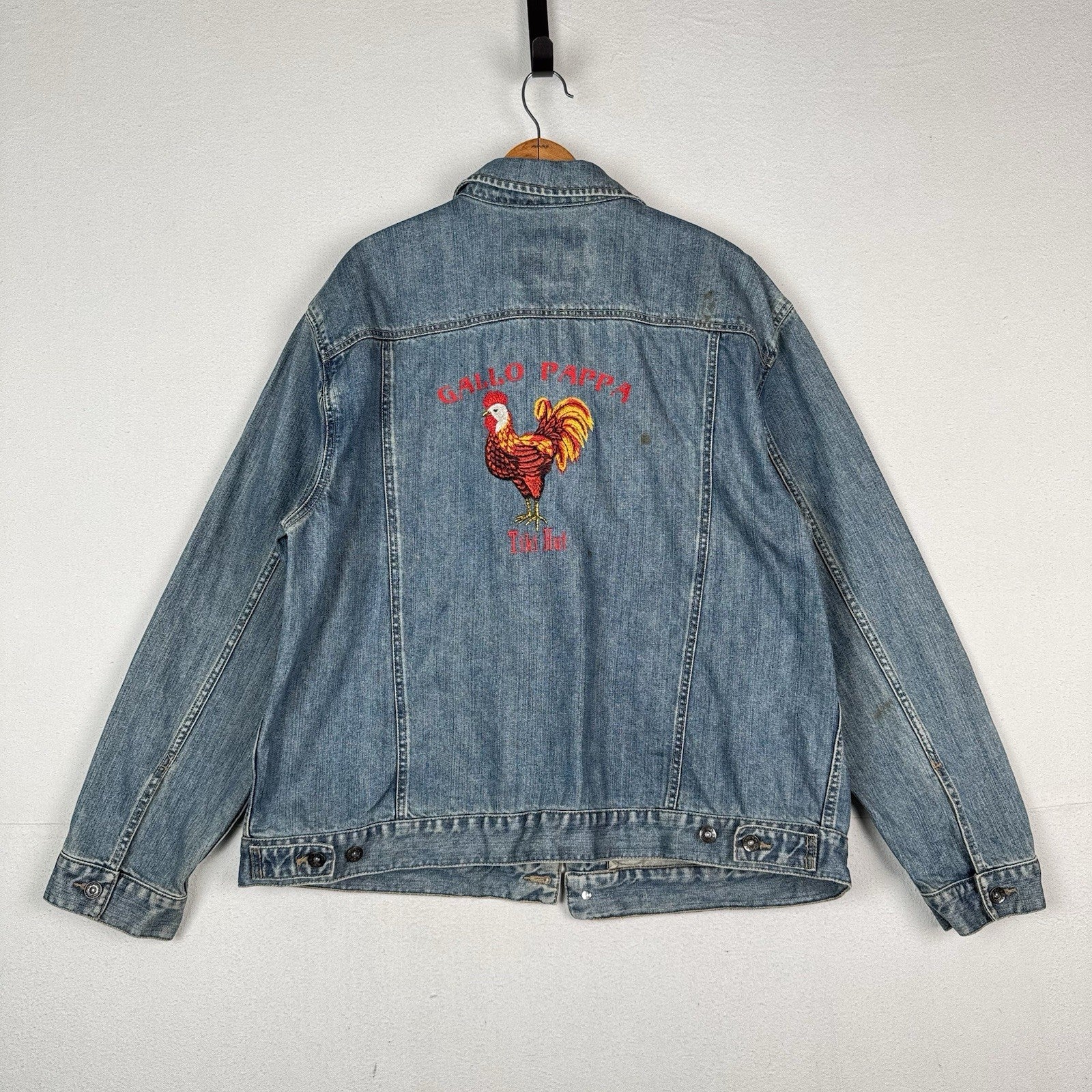 Vtg Old Navy Men’s 2XL Embroidered Jean Jacket Gallo Papa Tiki Hut Rooster *Read