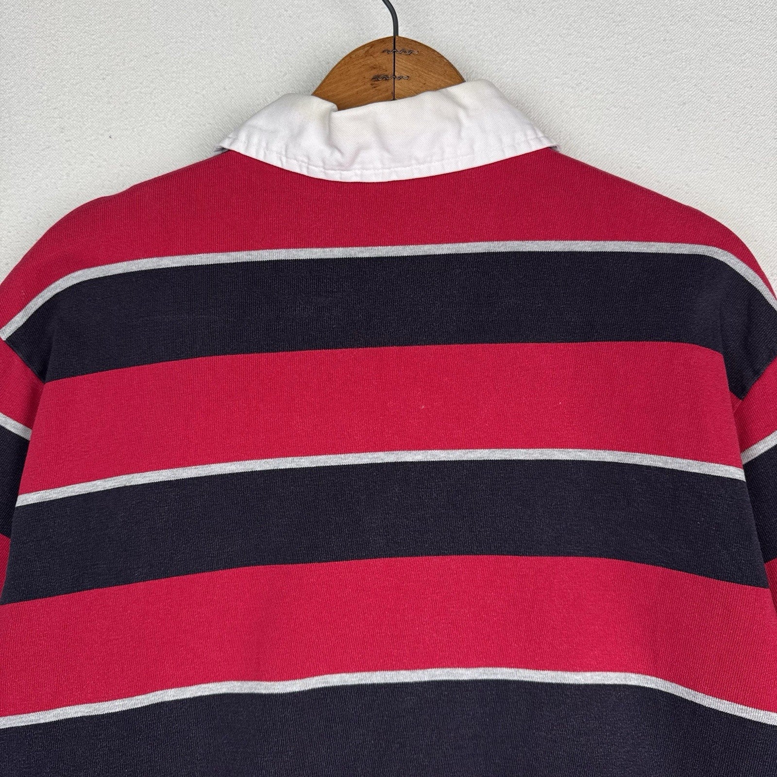 Vintage Lands End Rugby Shirt Mens Large 42-44 Red Blue Gray Striped Polo