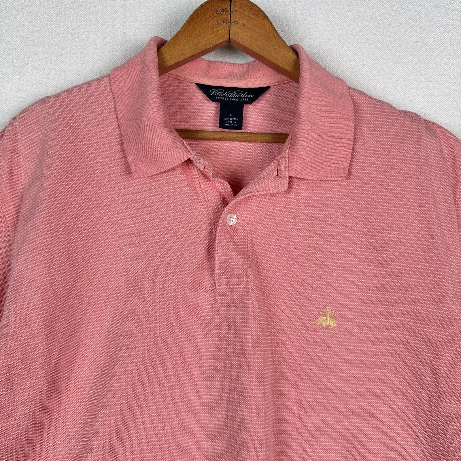Brooks Brothers Shirt Men’s Large Pink Polo Short Sleeve Dotted Striped Cotton